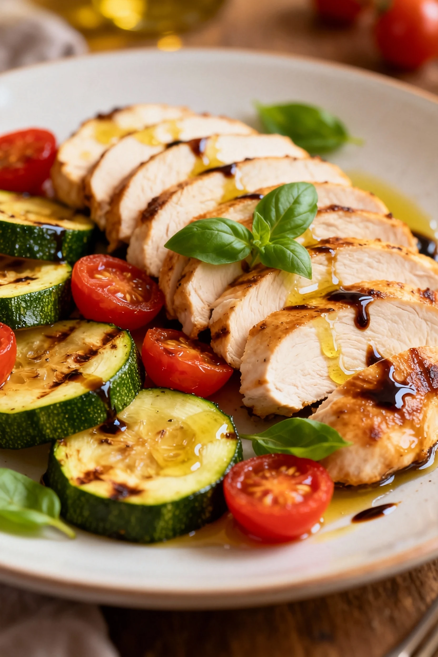 Restaurant-quality presentation of the cooked chicken sliced into medallions, fanned alongside roasted zucchini and toma