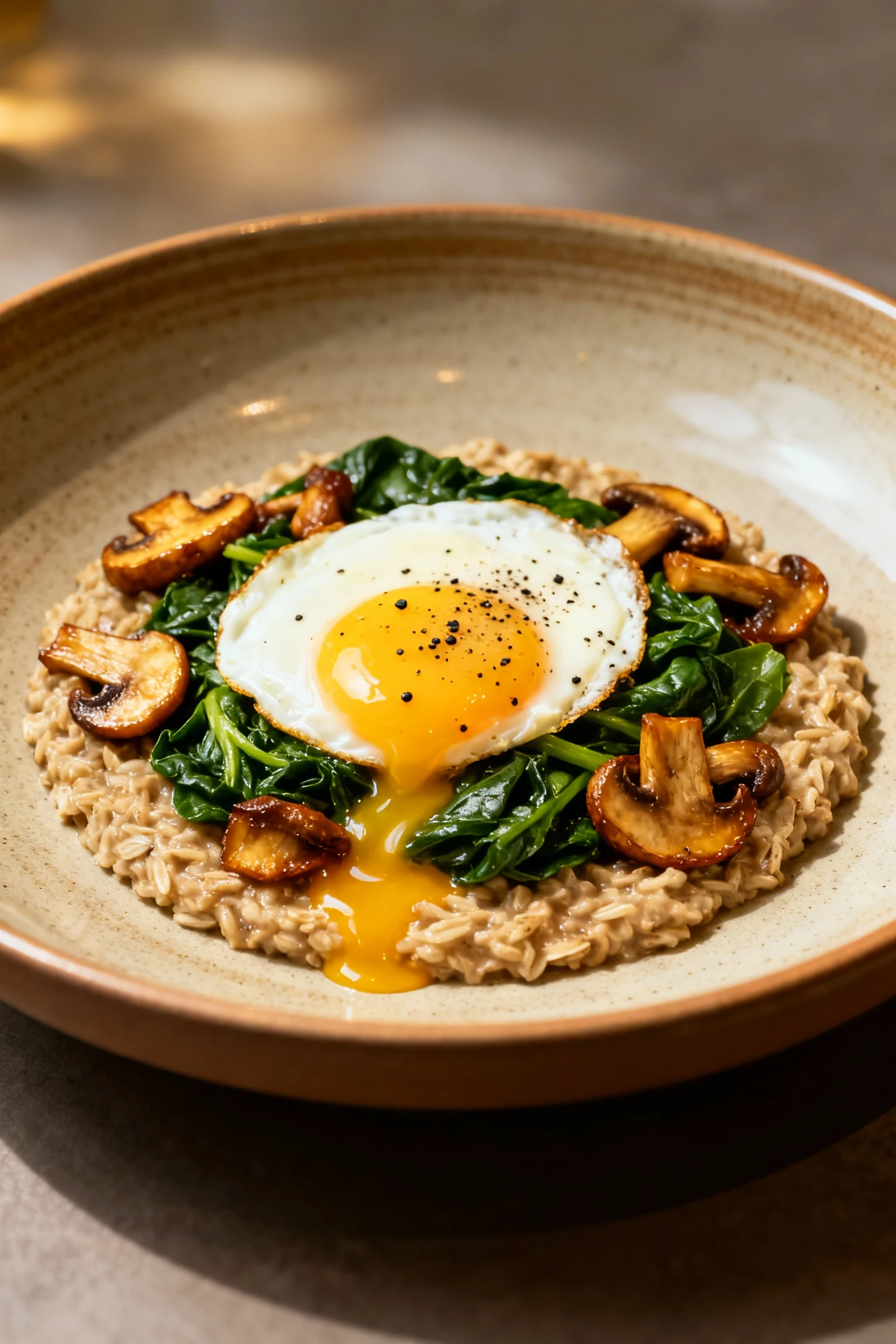 Beautifully plated Savory Spin oats in a wide-rimmed stoneware dish, topped with sautéed spinach, golden-brown mushrooms