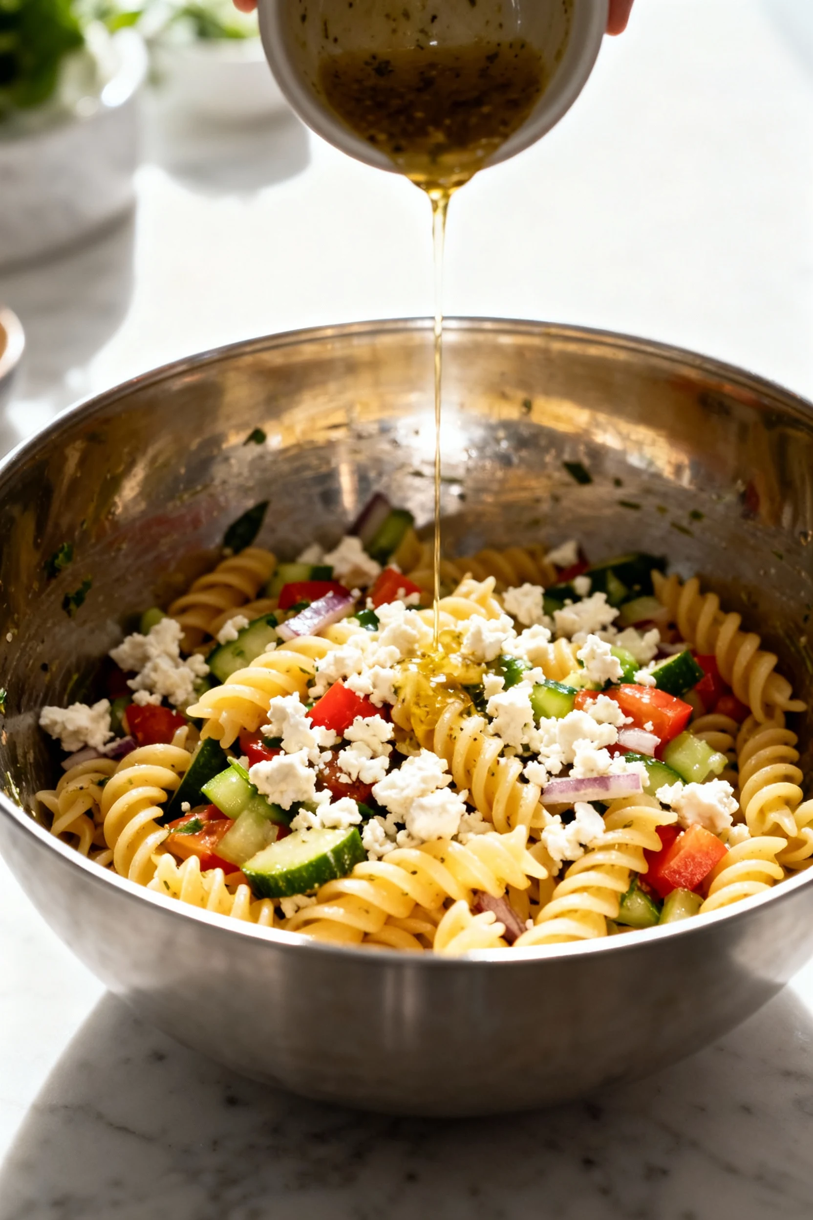 Cooking process shot of freshly drained al dente pasta being tossed with chopped vegetables and crumbly feta in a large 