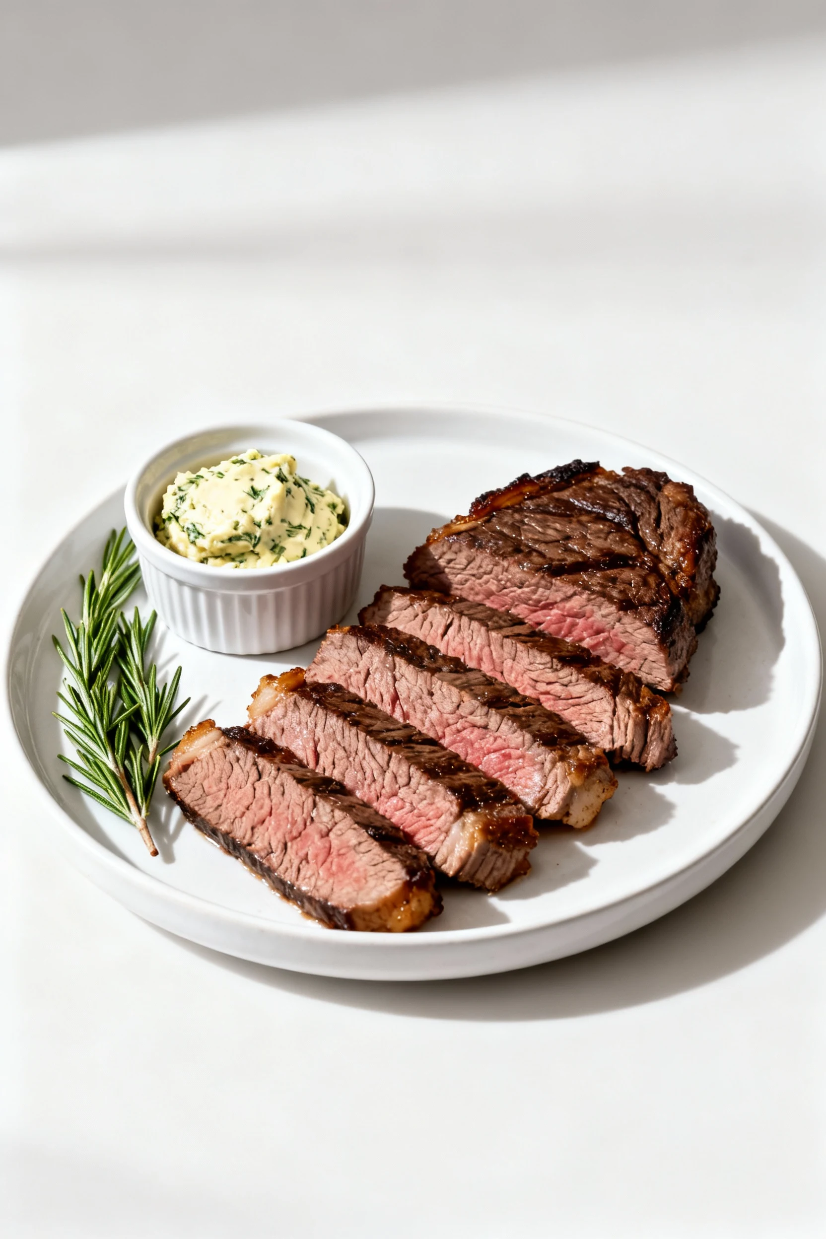 Elegant final presentation of London broil on a white ceramic plate, slices neatly arranged against the grain, accompani