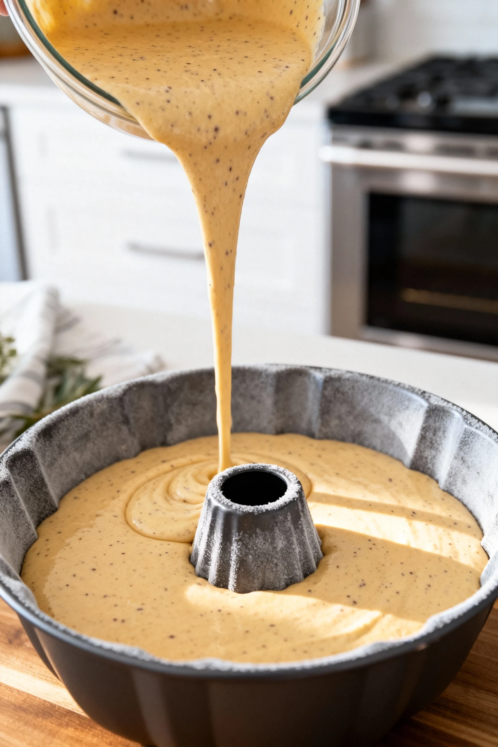 Process shot of cake batter being poured smoothly into a greased bundt pan, showcasing its creamy consistency and speckl