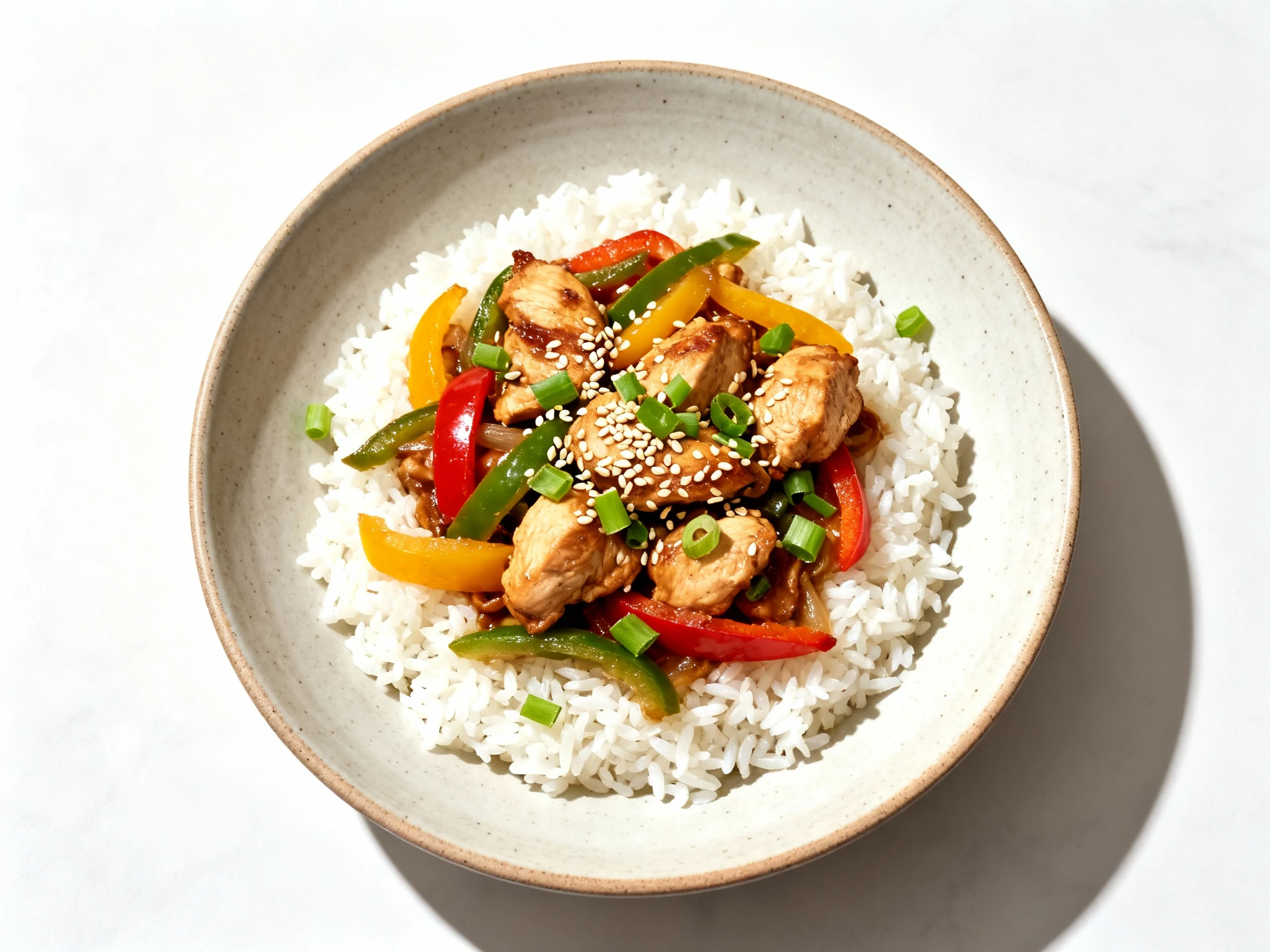 Food photography, Overhead shot of chicken stir fry served over fluffy white rice in a wide ceramic bowl, garnished with