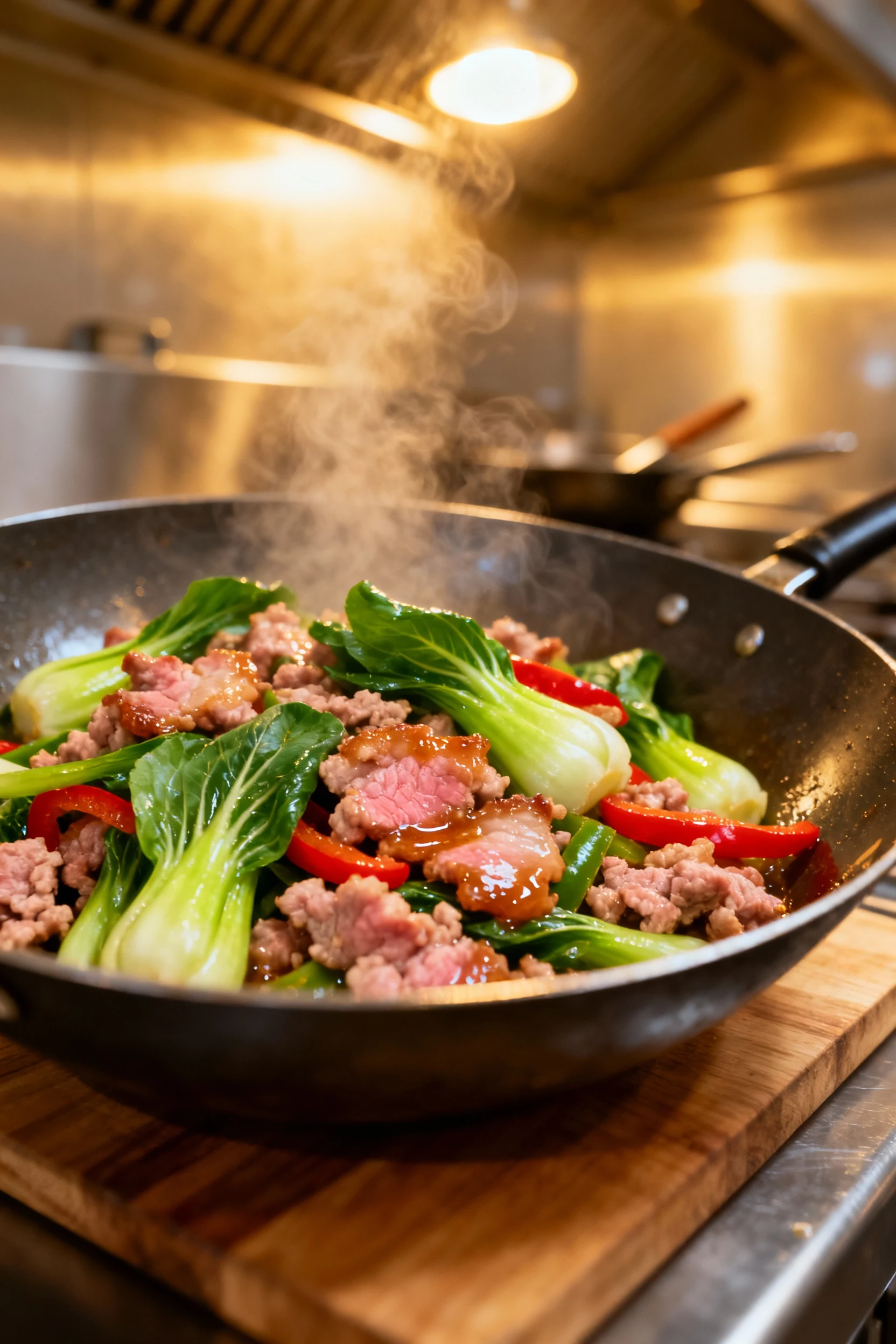Mid-cooking process shot of ground pork stir-fry as vegetables are tossed in, showing tender-crisp bok choy and peppers 