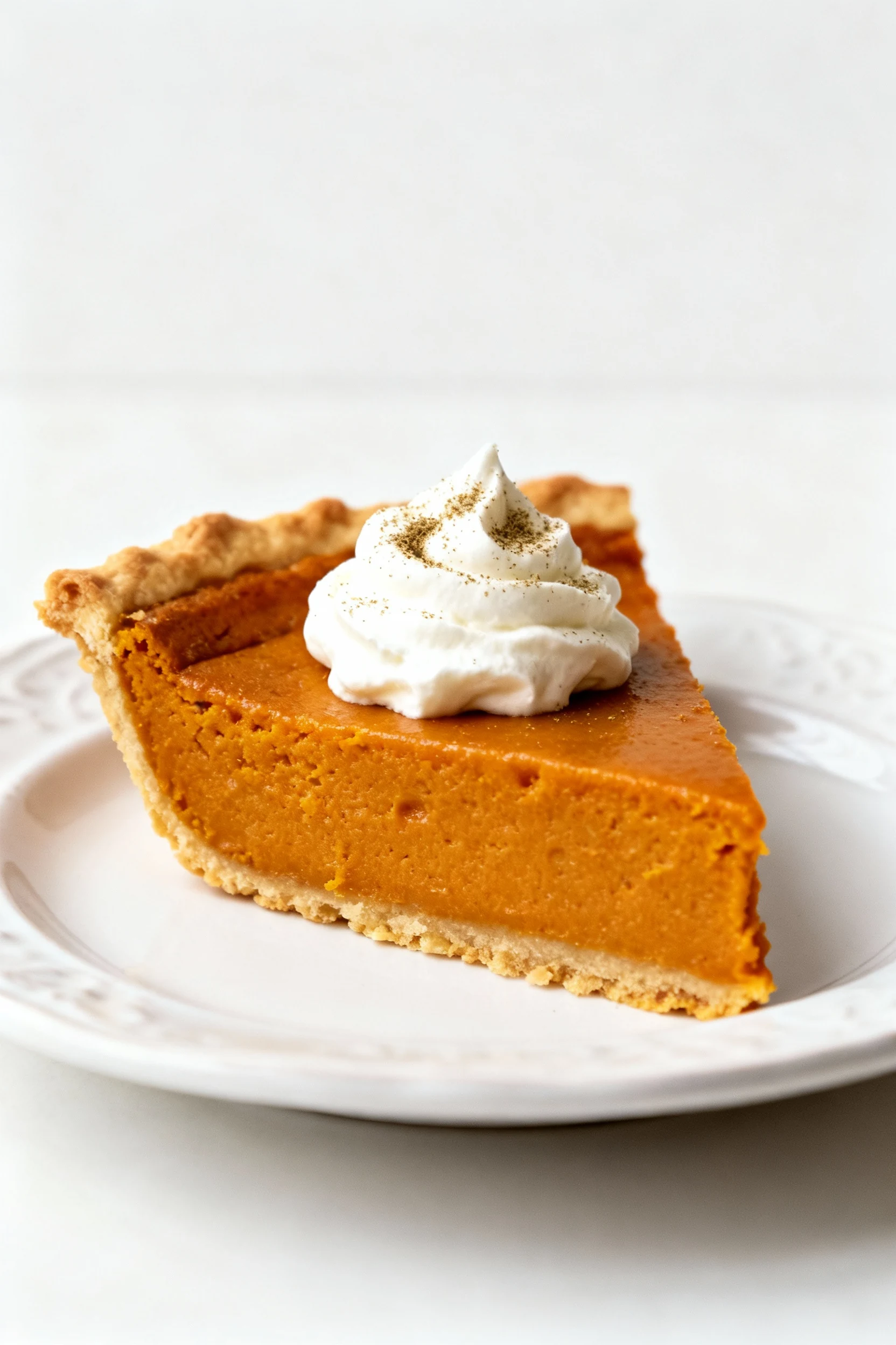 Slice of pumpkin spice custard pie plated elegantly on a white porcelain plate, topped with a dollop of whipped cream an