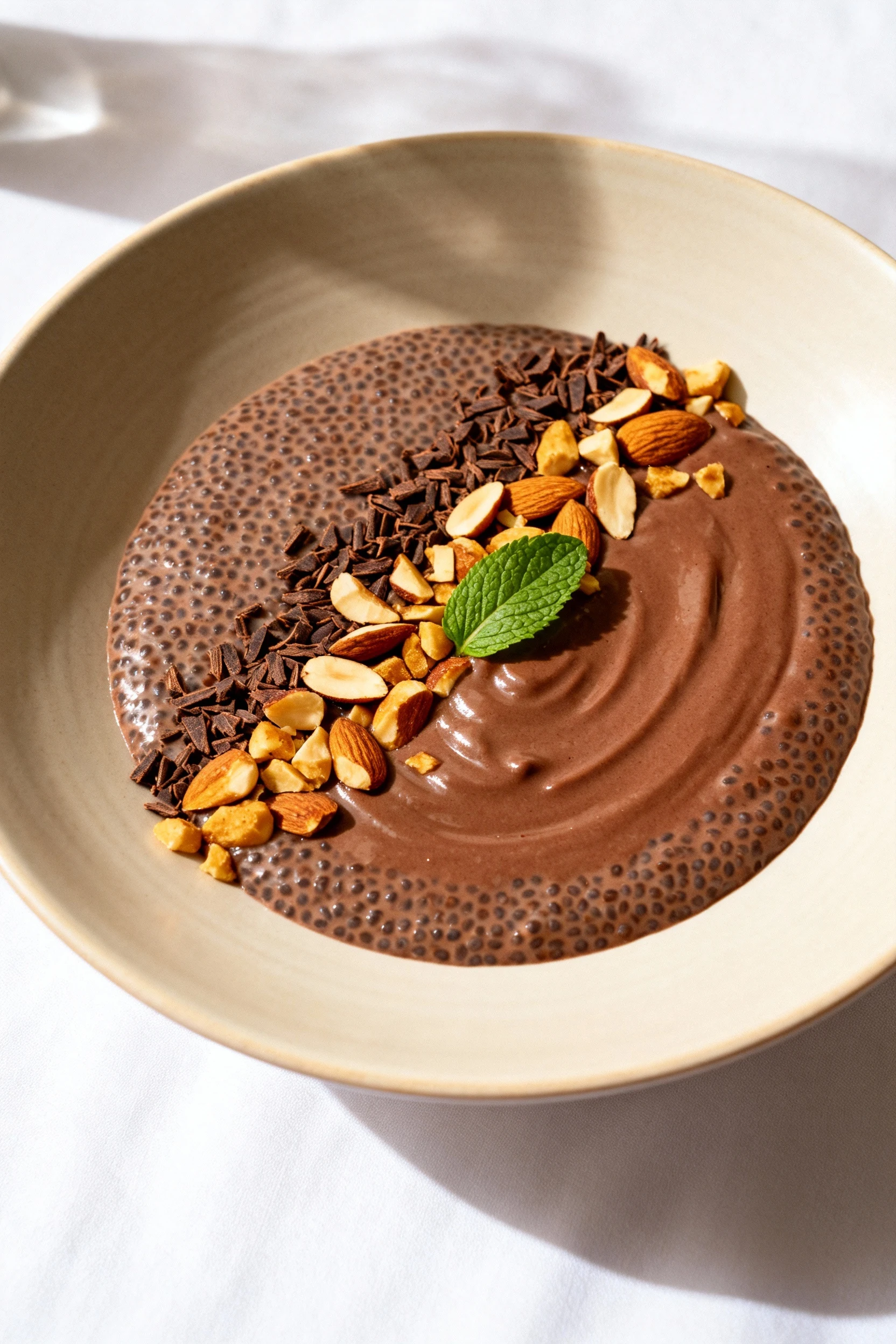 Elegant final presentation of chocolate-infused chia pudding served in a wide, shallow ceramic bowl, topped with cacao n