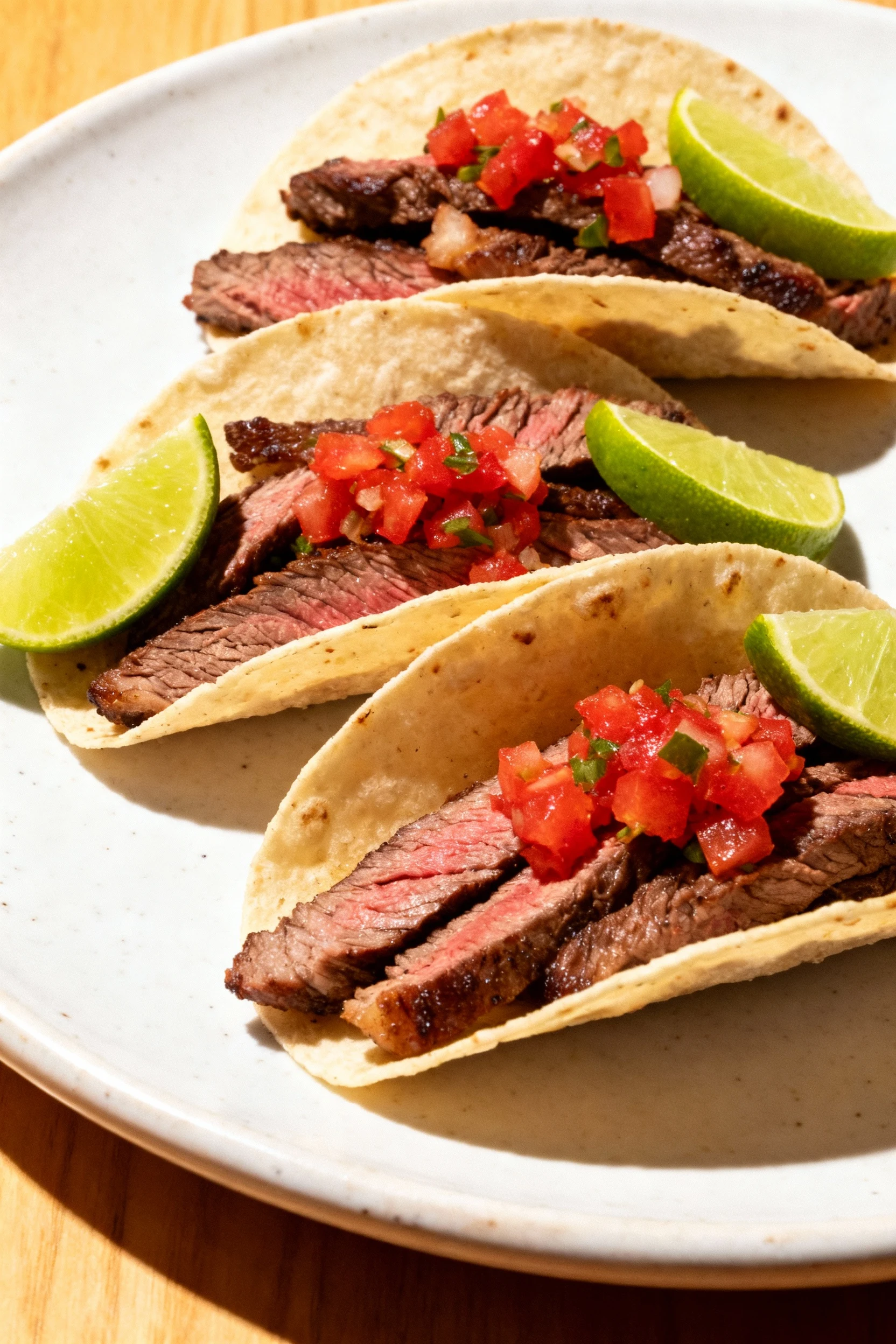 4. Restaurant-quality plated skirt steak taco trio, each filled with juicy steak strips, fresh salsa, and lime wedges on