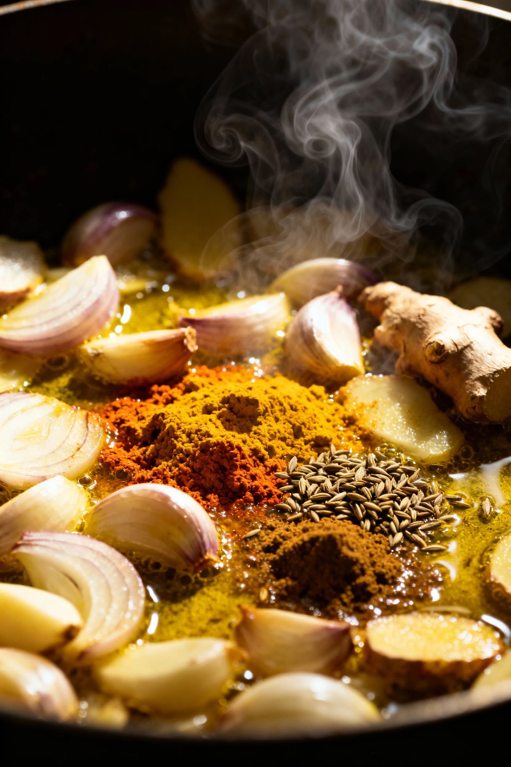 Cooking process shot of onions, garlic, and ginger sizzling in ghee with toasted turmeric, cumin, and garam masala visib