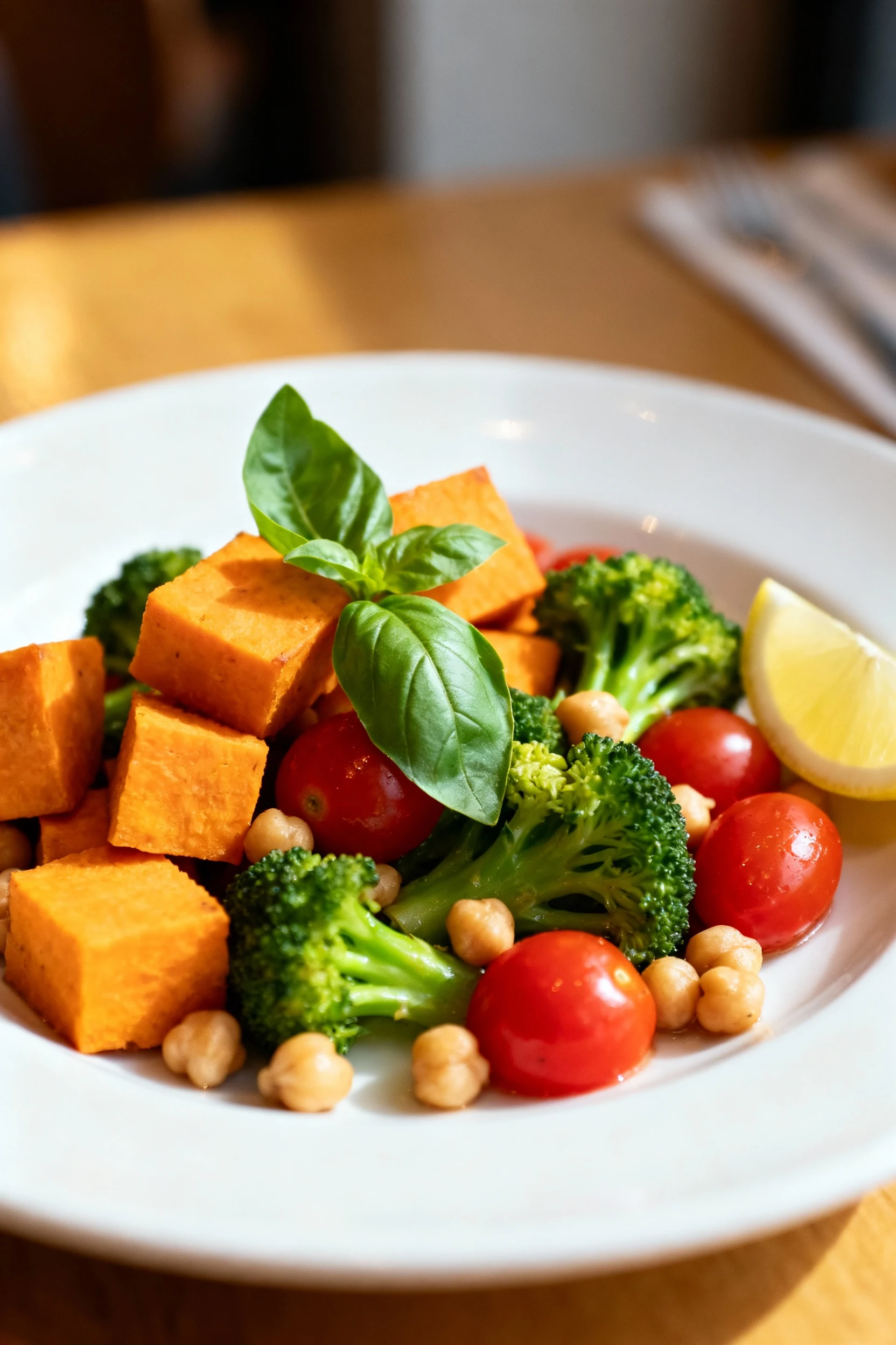 Plated vegetable medley featuring golden sweet potatoes, tender broccoli, juicy cherry tomatoes, and chickpeas arranged 