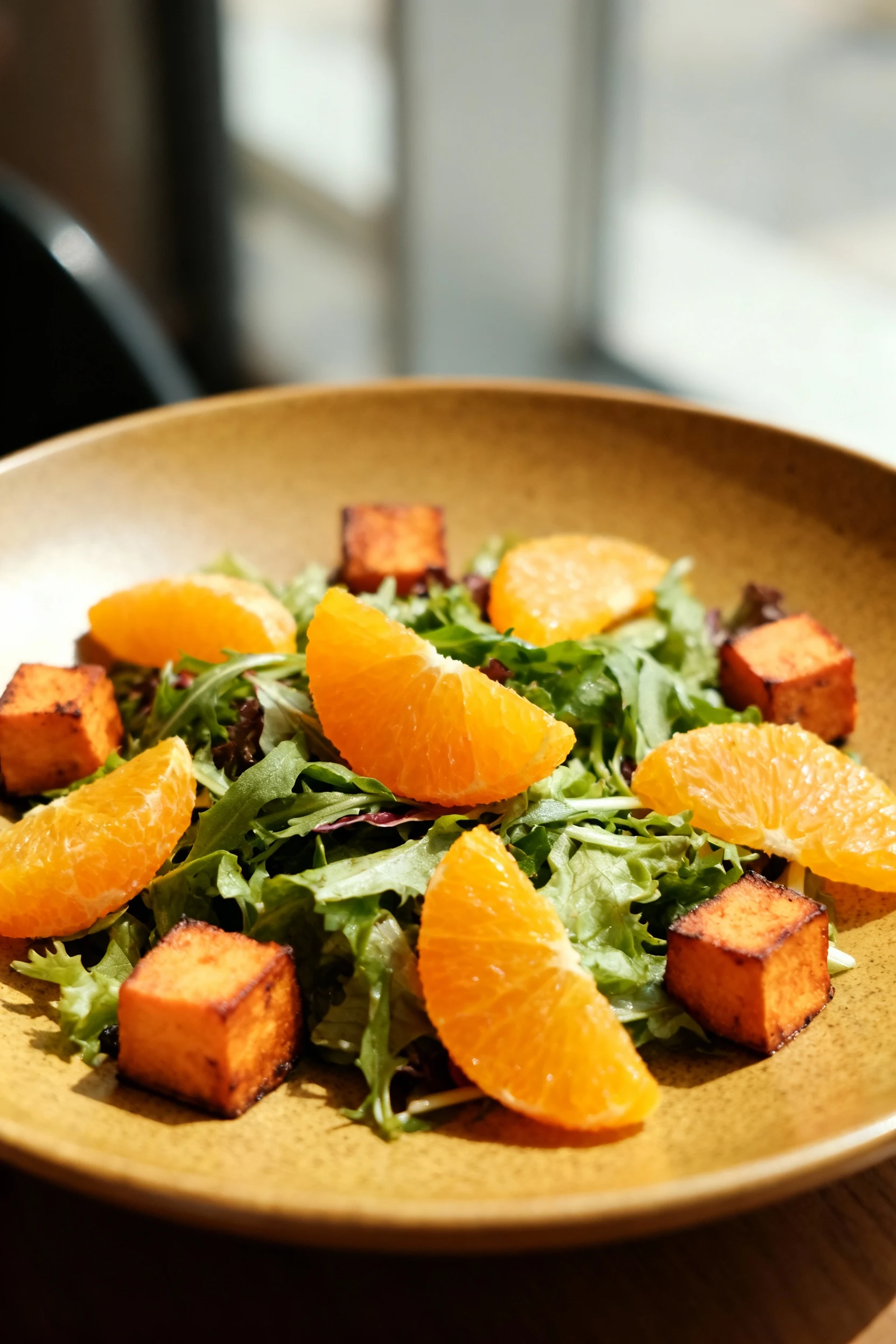 4. Final plated salad served on a matte ceramic plate, garnished with roasted sweet potato cubes and orange segments for