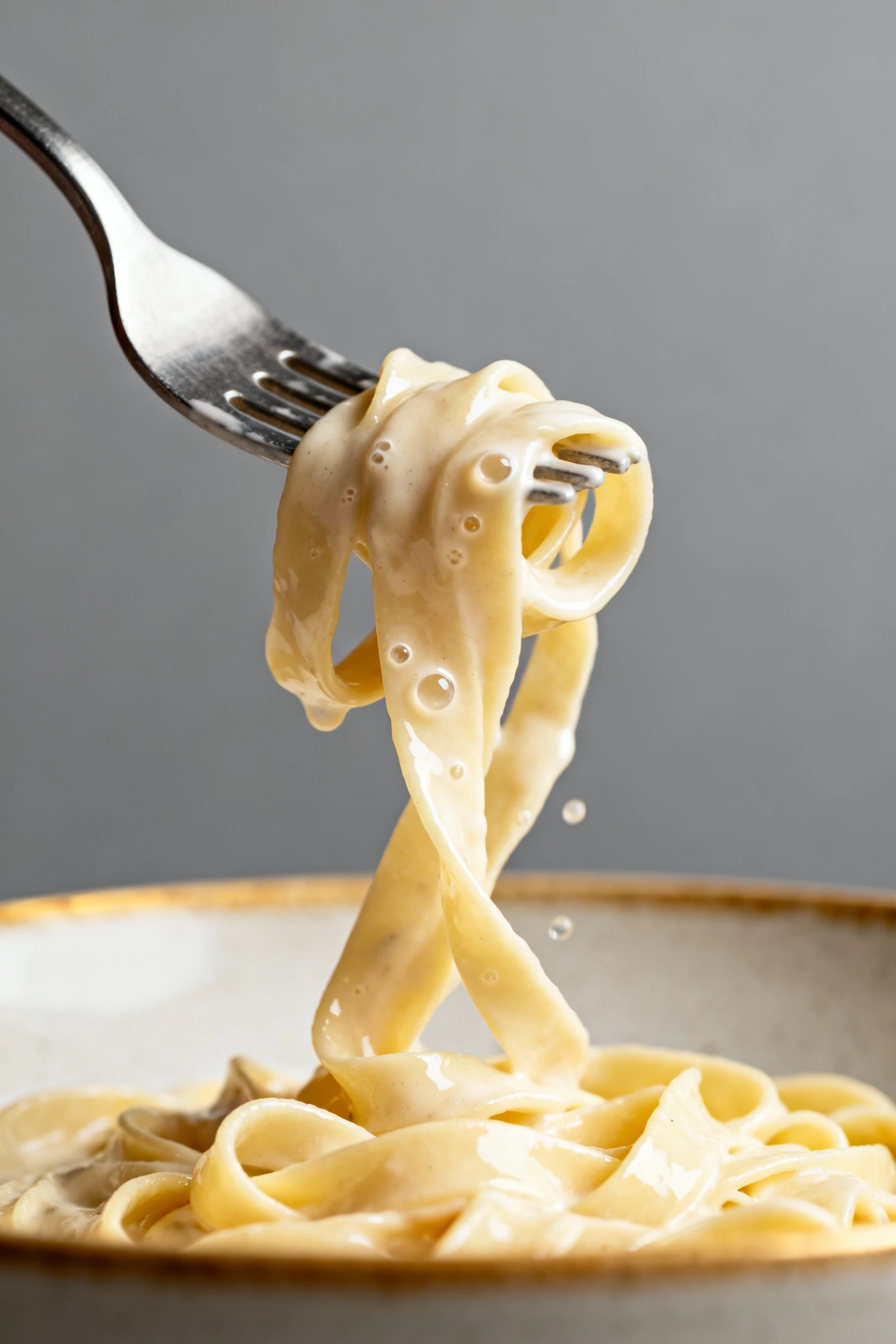 Macro shot focusing on a fork twirling creamy fettuccine, sauce visibly thick and smooth, tiny bubbles in the cream from