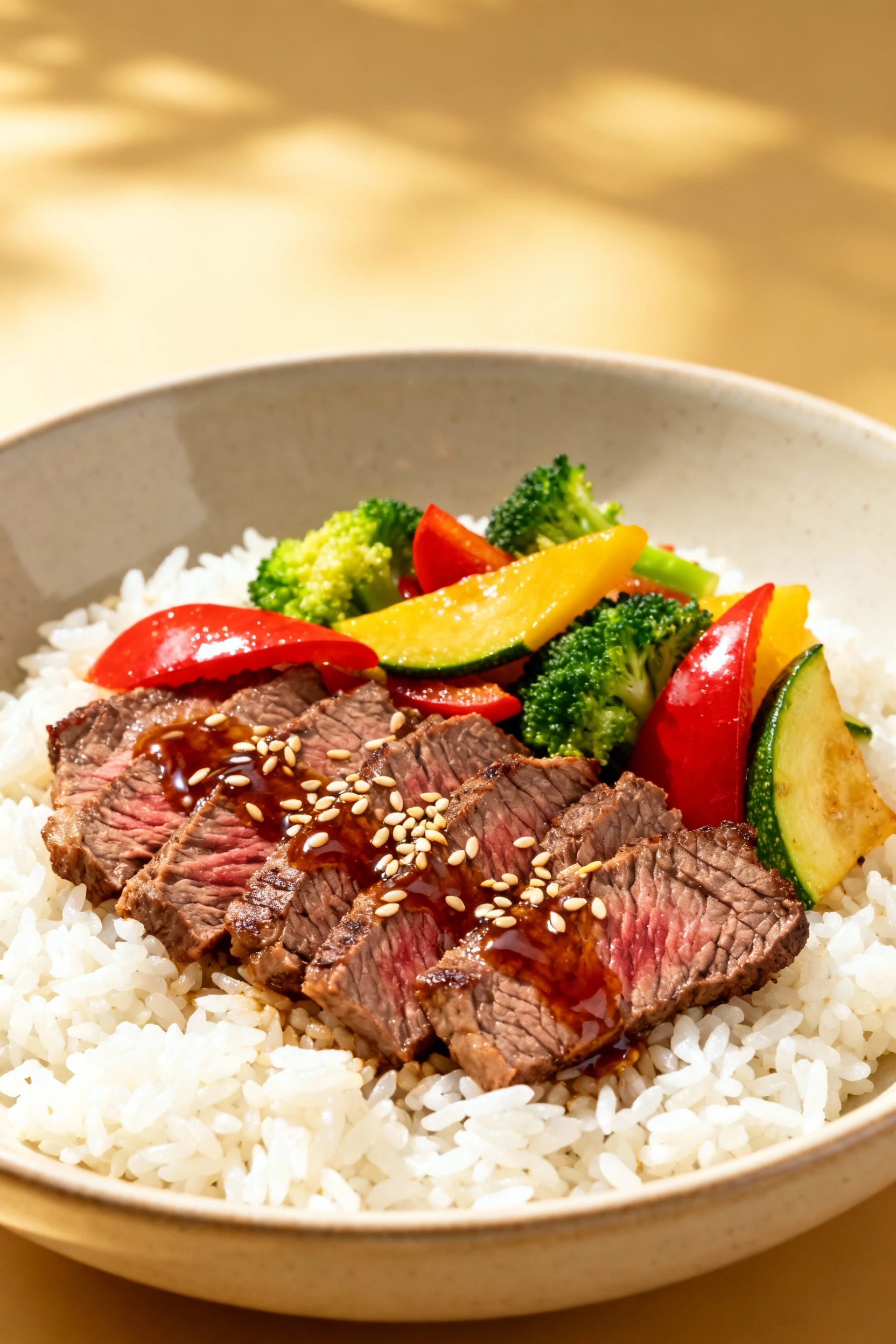 Beautifully plated hibachi steak and vegetable medley topped with a drizzle of teriyaki glaze, garnished with sesame see