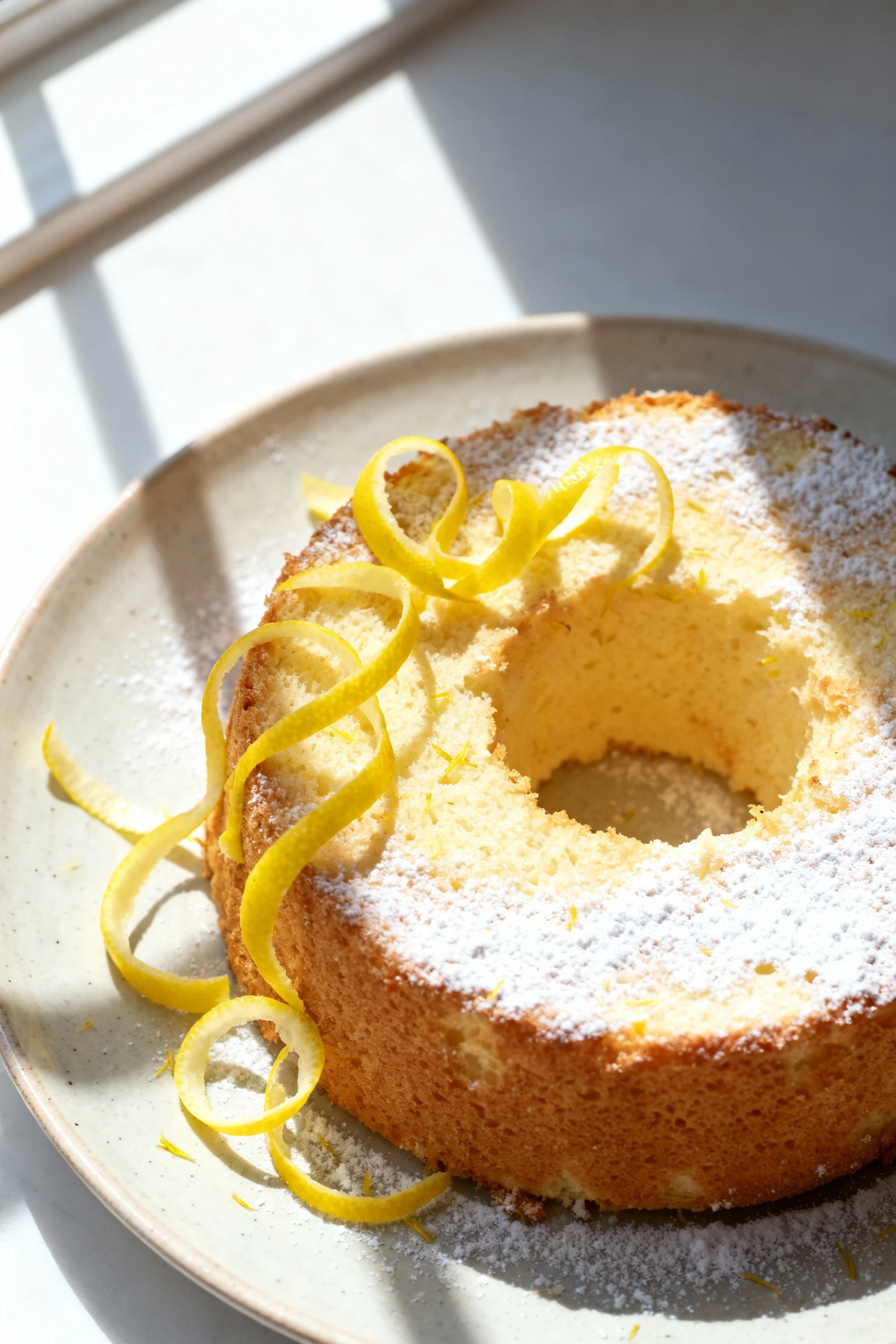 Beautifully plated lemon-zest angel food cake on a light ceramic plate, garnished with thin twists of lemon peel and a d