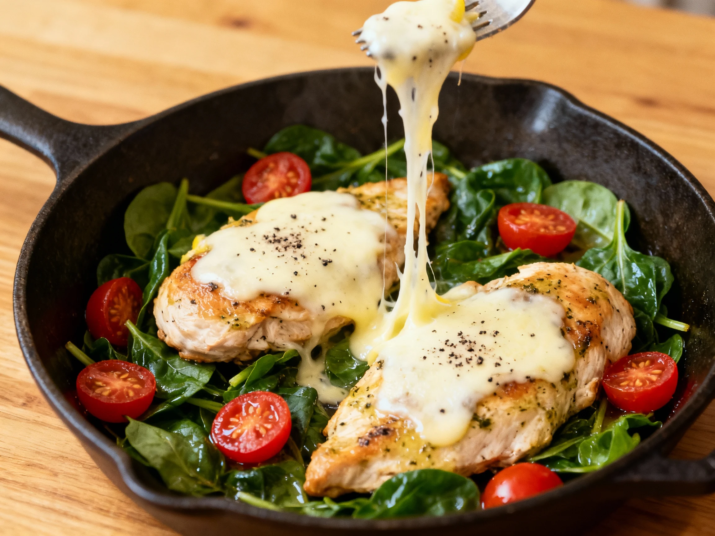Food photography, 2. Overhead shot of the finished lemon-garlic chicken and vegetable skillet, melted mozzarella gently 