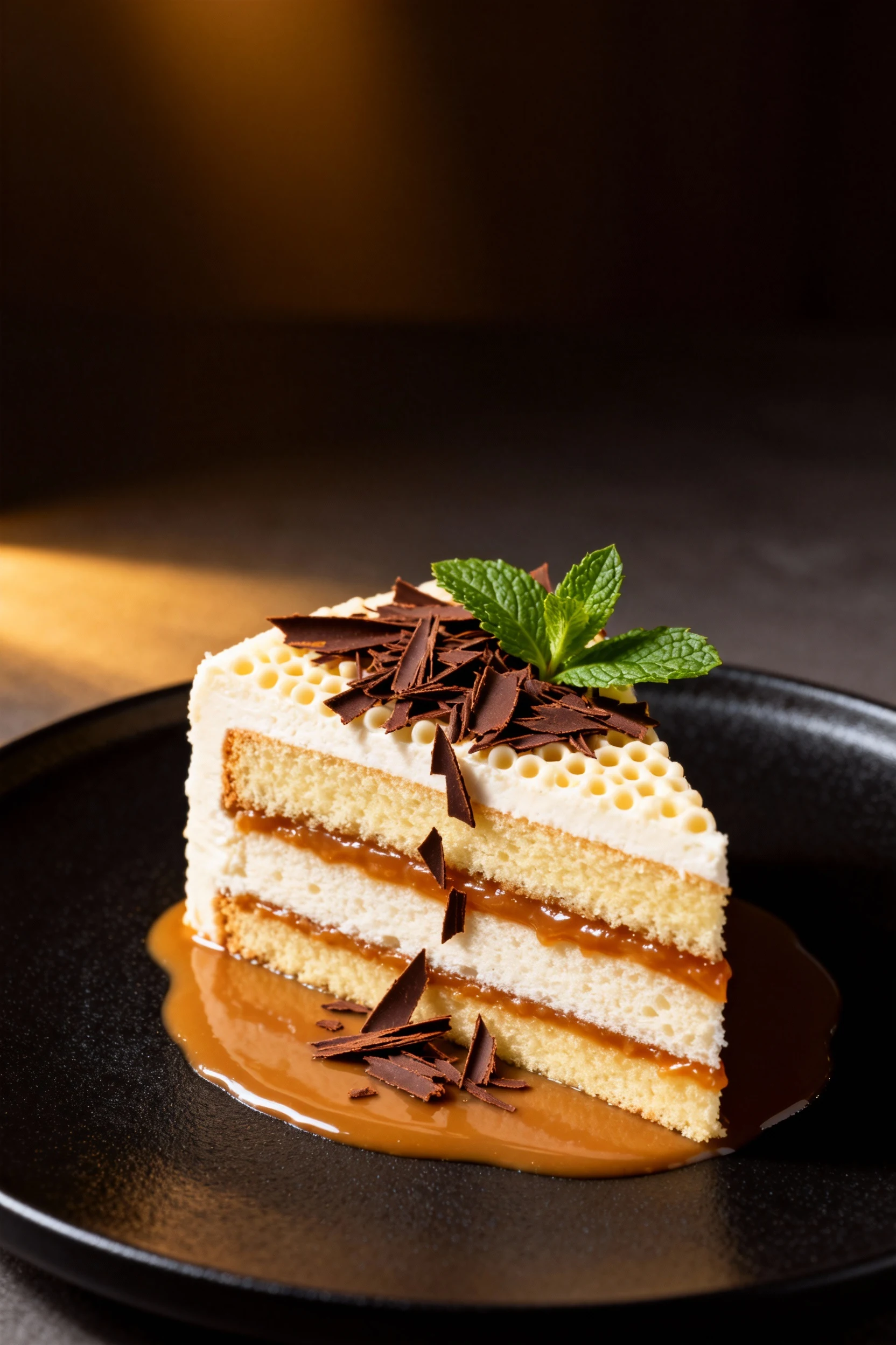 Beautifully plated slice of layered poke cake with alternating vanilla sponge and caramel filling, garnished with delica