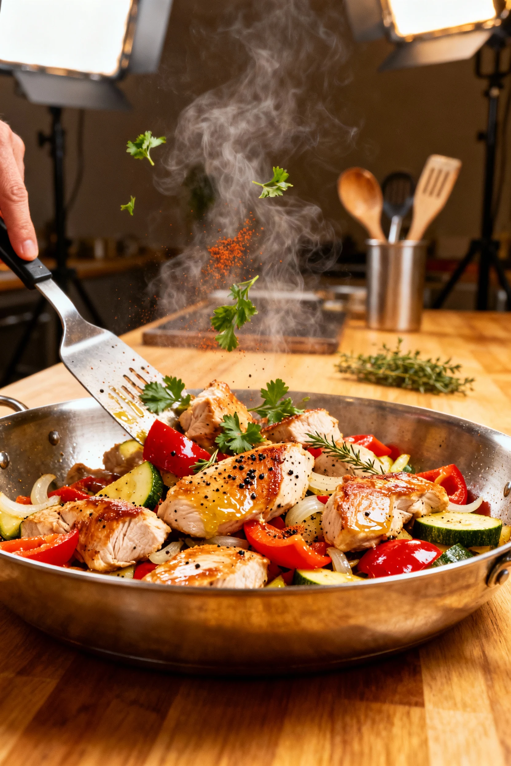 Mid-cooking process shot of turkey and vegetables being tossed together in a large skillet, glossy from olive oil, with 