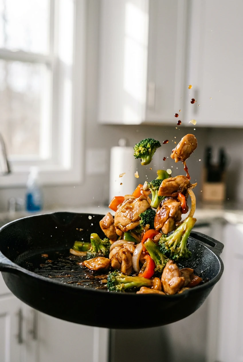 4. Dynamic action shot of cooked chicken and vegetables being tossed in a skillet with soy sauce and lemon juice, drople