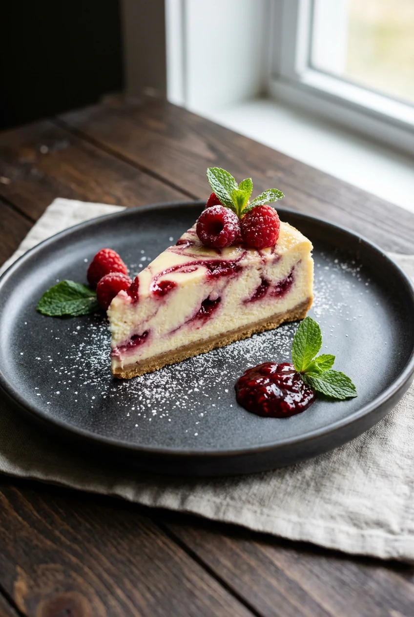 Final presentation of a cheesecake slice on a dark stoneware plate, raspberry jam swirl visible in the creamy filling, n