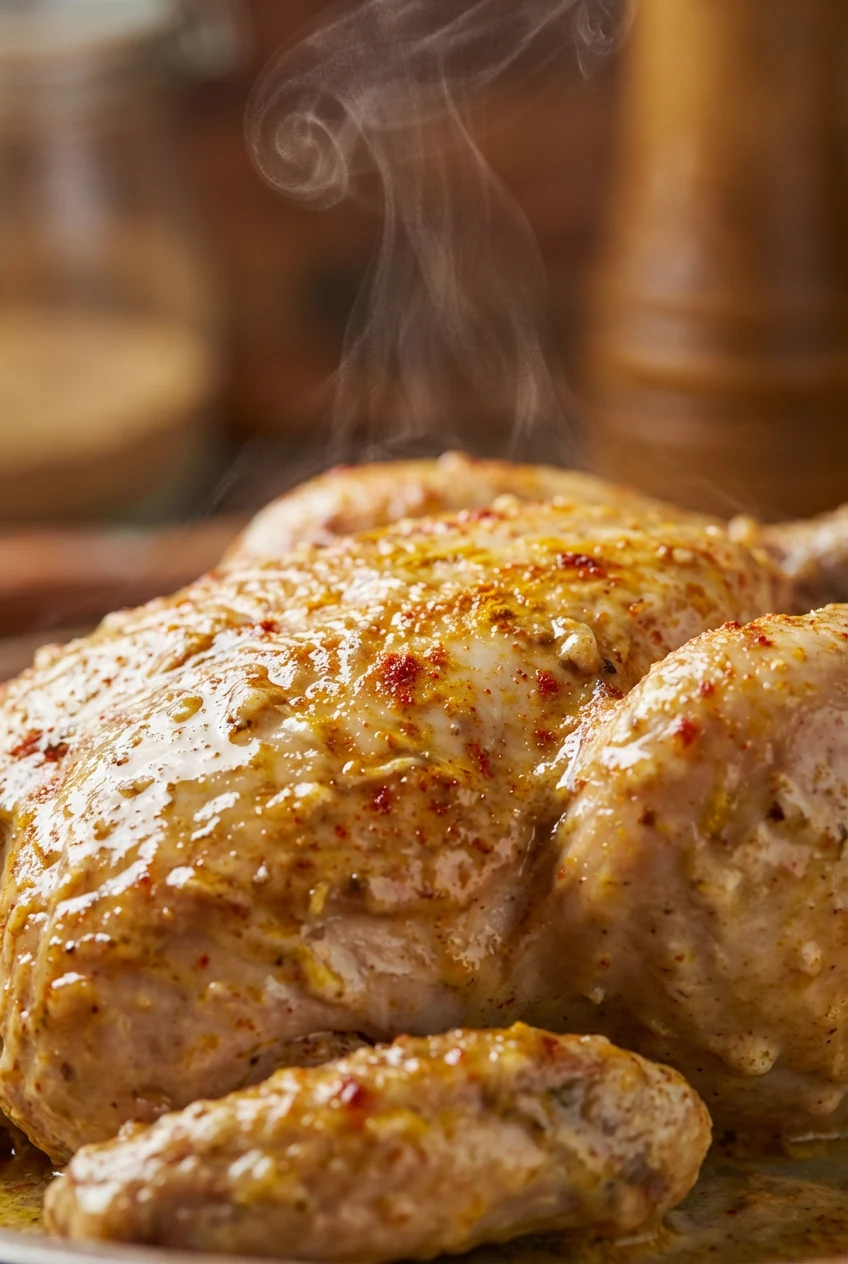 Close-up detail of juicy marinated chicken coated with a creamy yogurt-spice blend after cooking, paprika-red and turmer