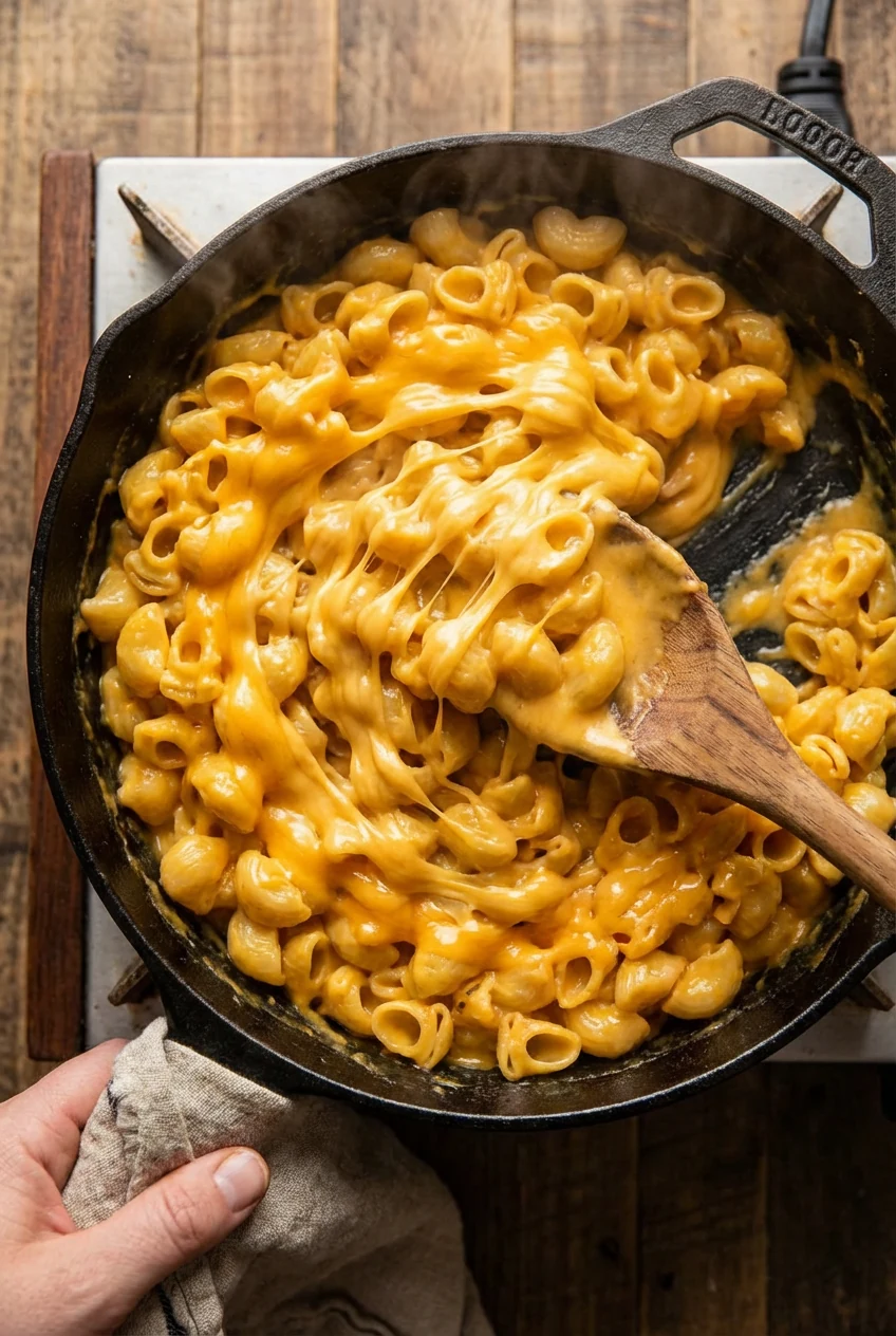 Mid-process shot of macaroni being tossed in velvety cheese sauce inside a large skillet, glossy melted cheddar clinging