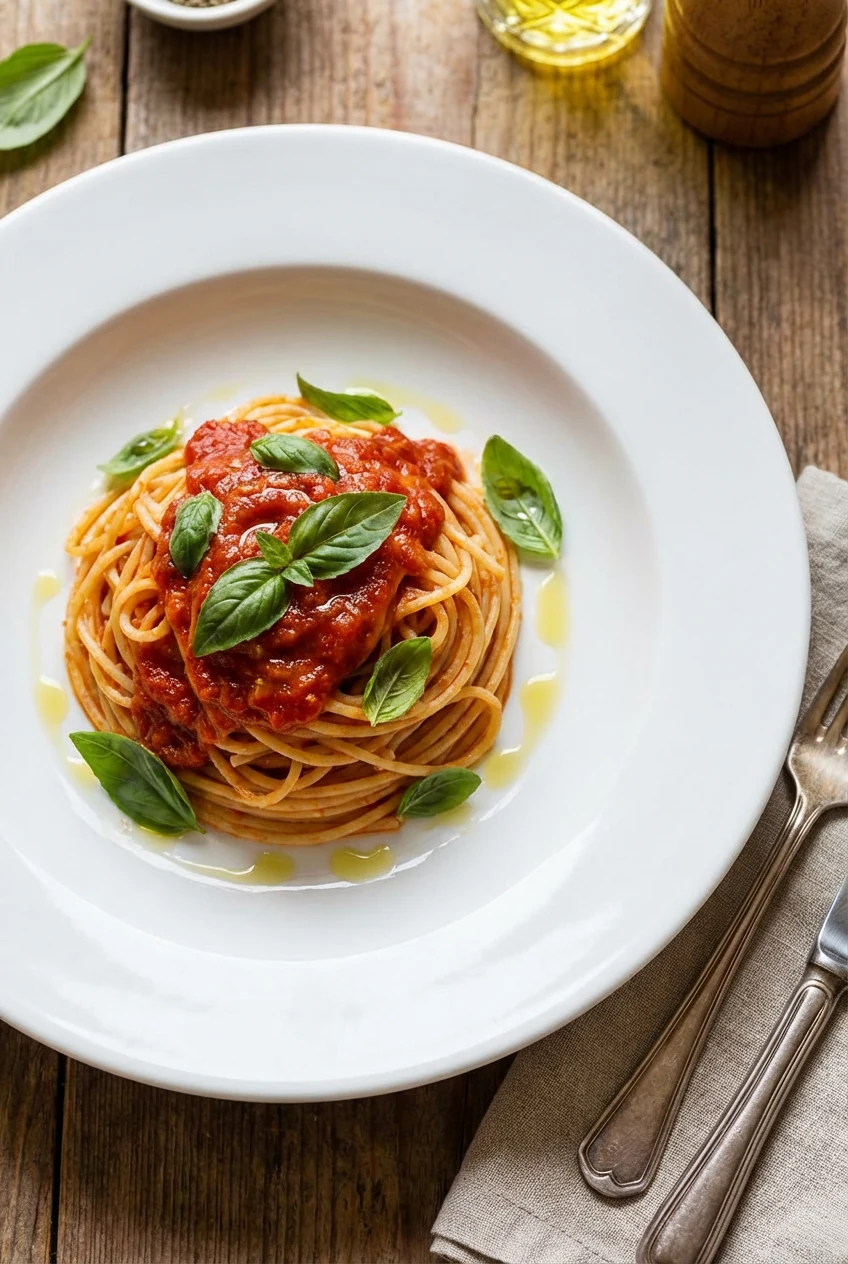 Restaurant-quality plated spaghetti topped with the tomato sauce, basil artfully arranged, light drizzle of olive oil sh