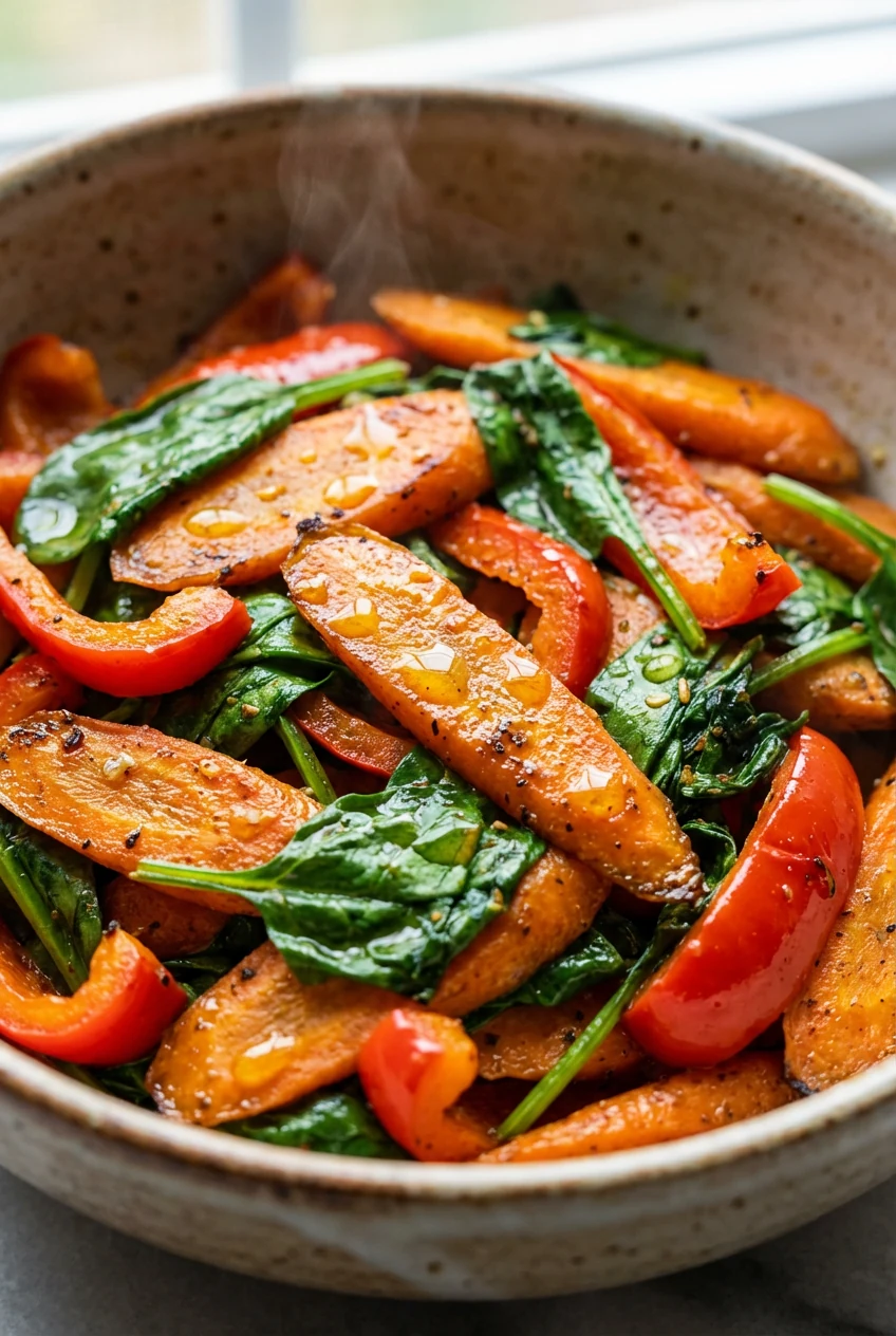 Macro shot of lightly sautéed carrots, peppers, and spinach, their bright colors and crisp textures emphasized, small gl