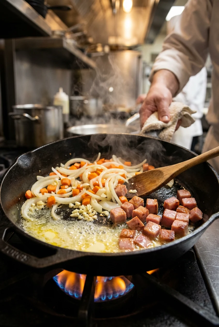 4. Mid-cooking process shot of sautéed onion, carrot, and garlic with lightly browned ham cubes in a shimmering butter-c