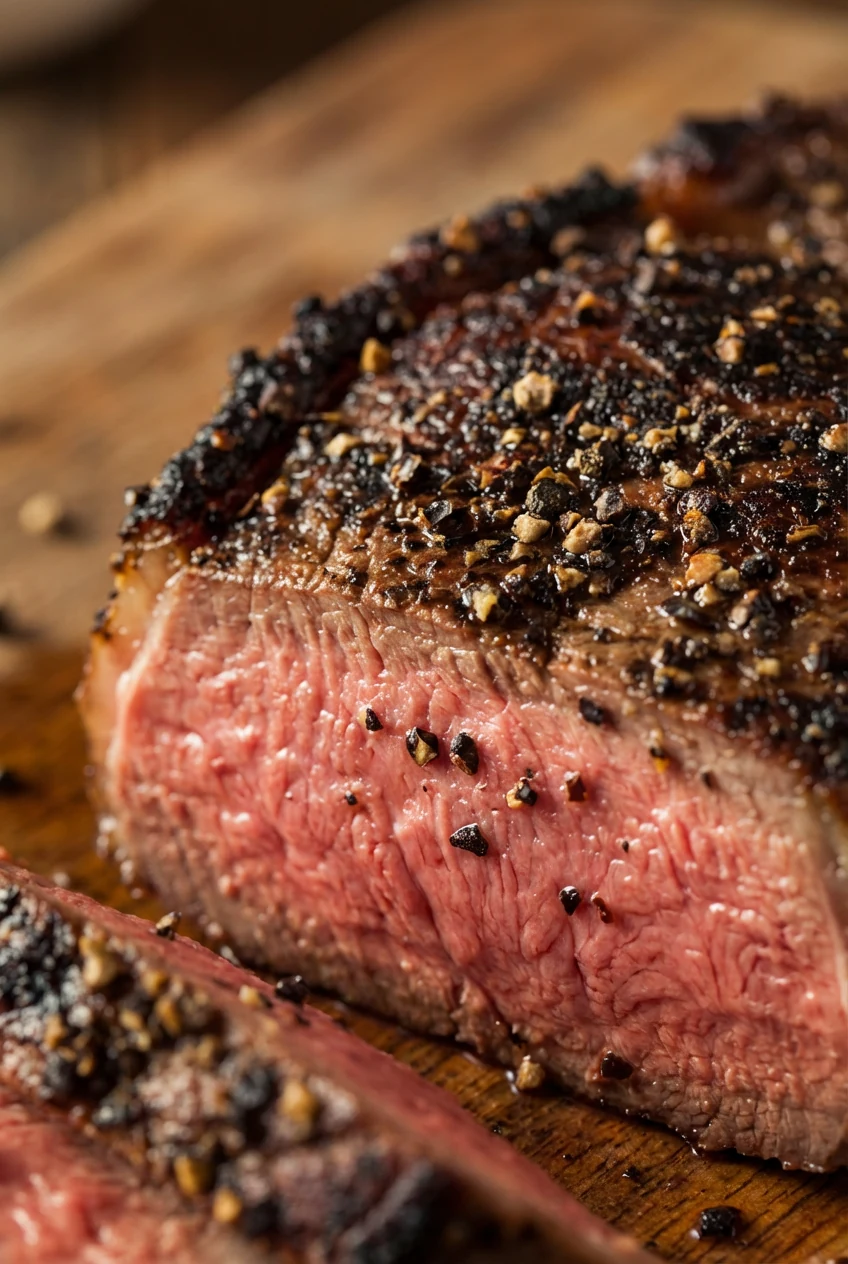 4. Close-up detail of pepper-crusted sirloin slice showing the seared outer layer and tender pink interior, flecks of cr