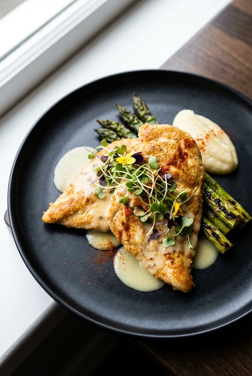 Elegant restaurant-style plating of chicken cutlets on a matte black plate, drizzled with a light lemon butter sauce, ga