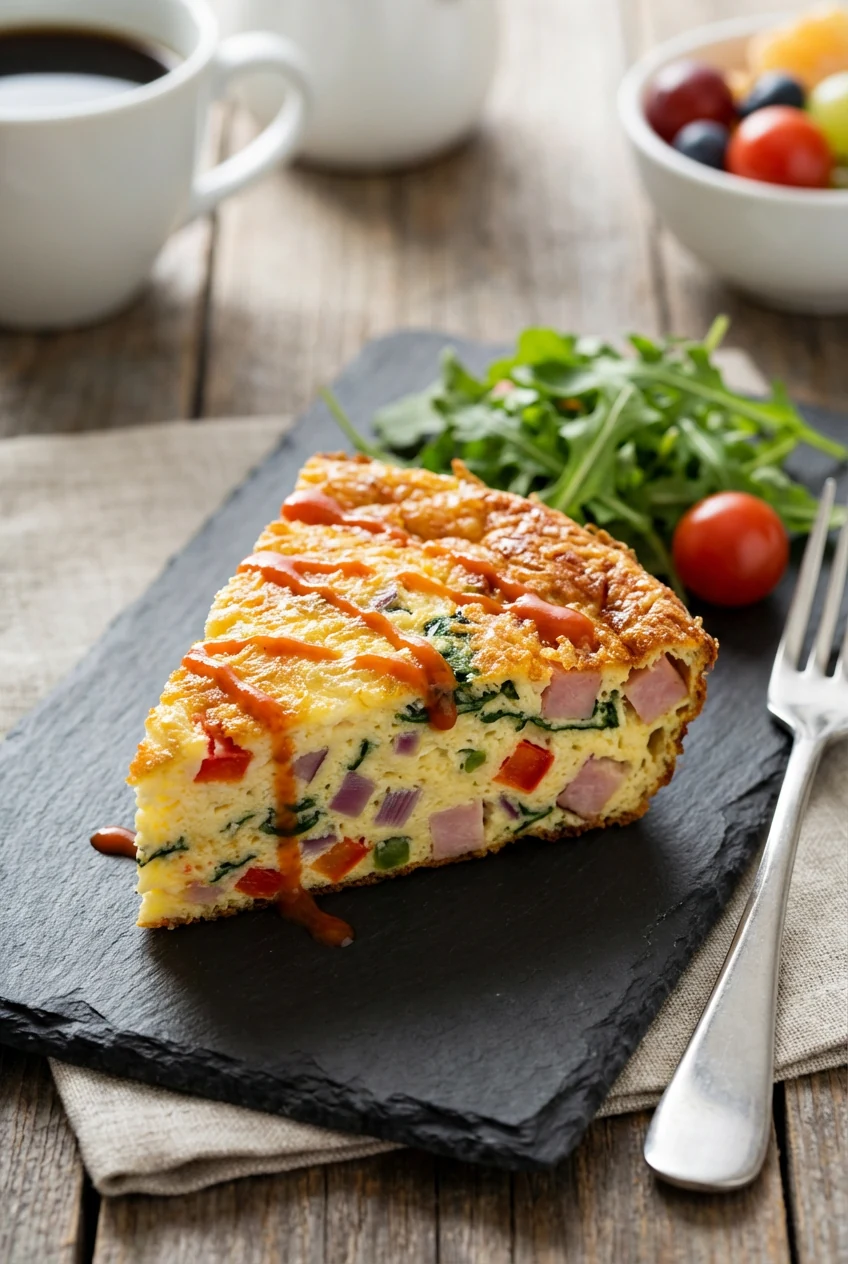 4. Final plated serving of egg casserole wedge with golden crispy top, soft interior filled with colorful vegetable and 