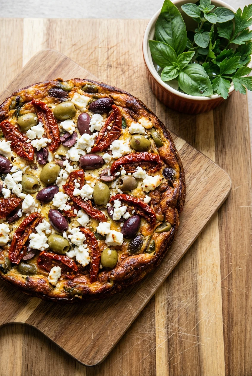 4. Overhead view of a Mediterranean-style frittata topped with sun-dried tomatoes, olives, and crumbled feta, edges ligh