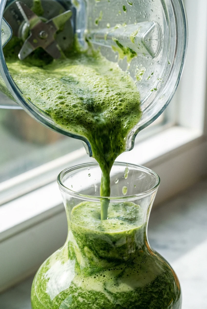 4. Macro shot of green juice mid-pour from a blender into a clear serving carafe, capturing the velvety, frothy top laye