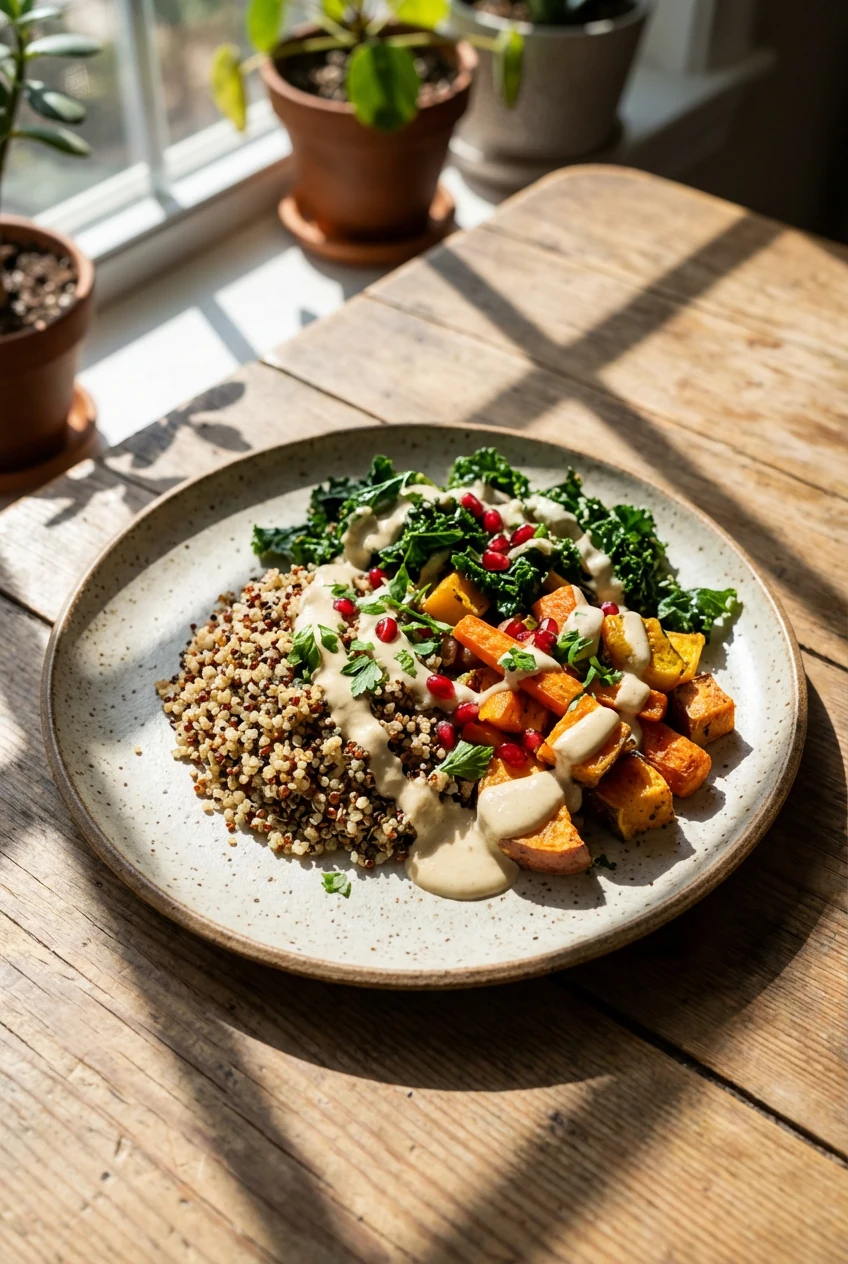 Beautifully plated final dish on a flat stoneware plate, quinoa and vegetables drizzled with creamy tahini-lemon dressin