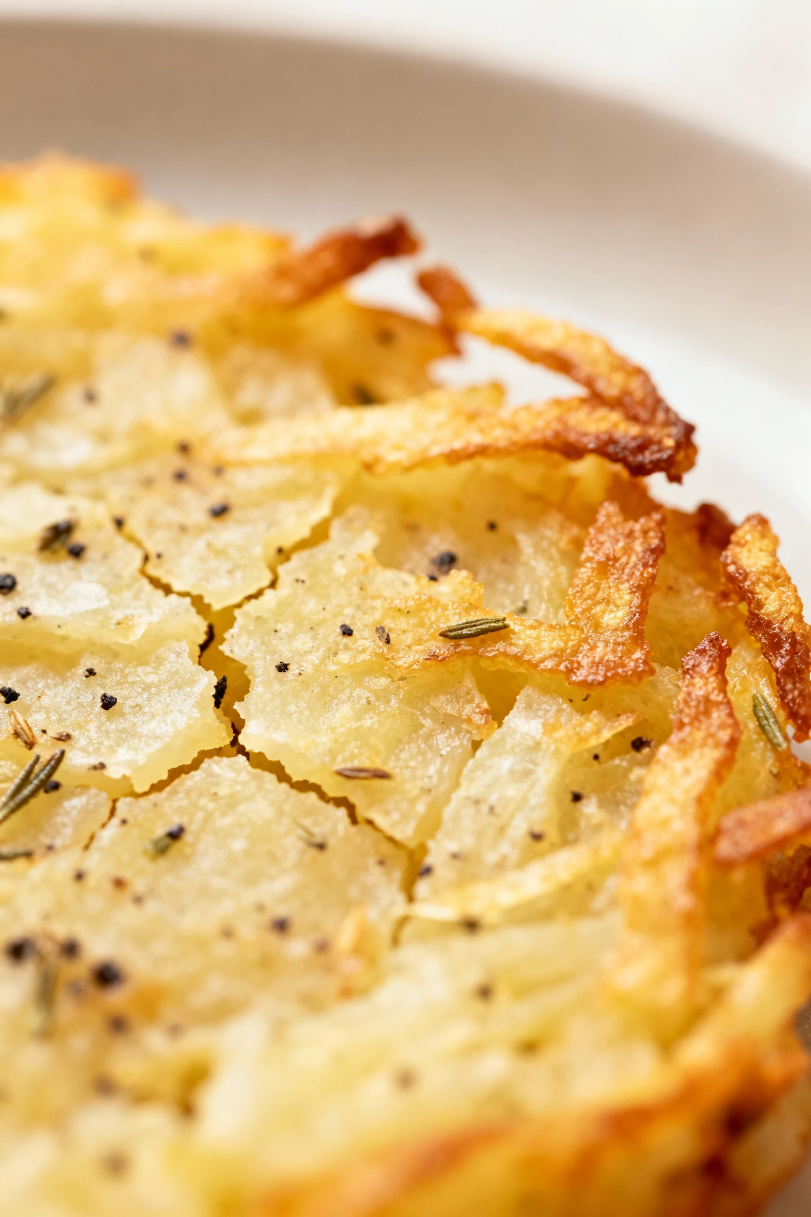 Macro detail of a hashbrowns crunchy surface with visible seasoning flecks of black pepper and herbs, softly lit to high