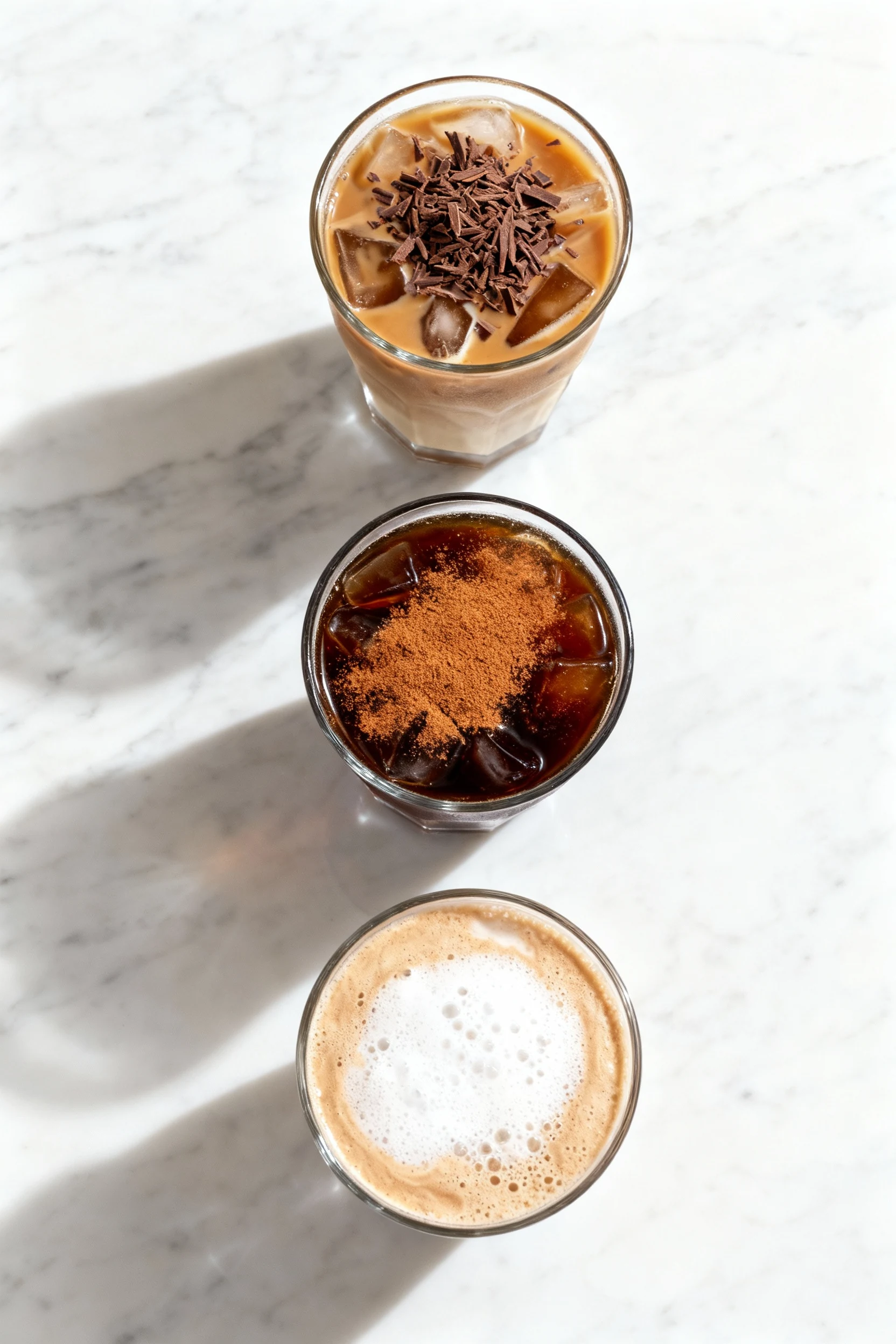 4. Overhead composition of three varieties of cold coffee—classic iced, nitro cold brew, and blended frappe—arranged on 