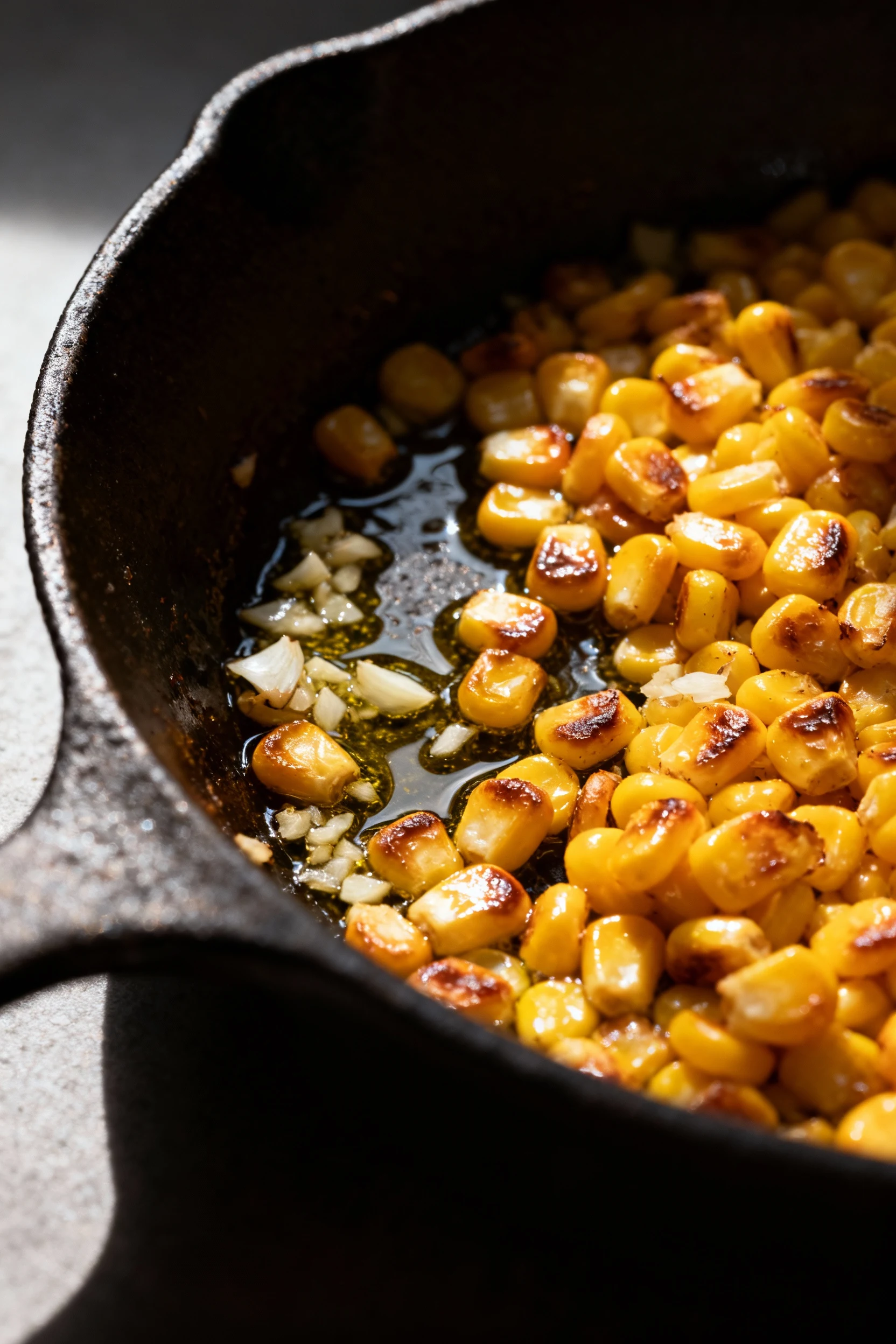 Close-up detail of sautéed corn kernels in a cast-iron skillet with minced garlic and olive oil, golden caramelized edge