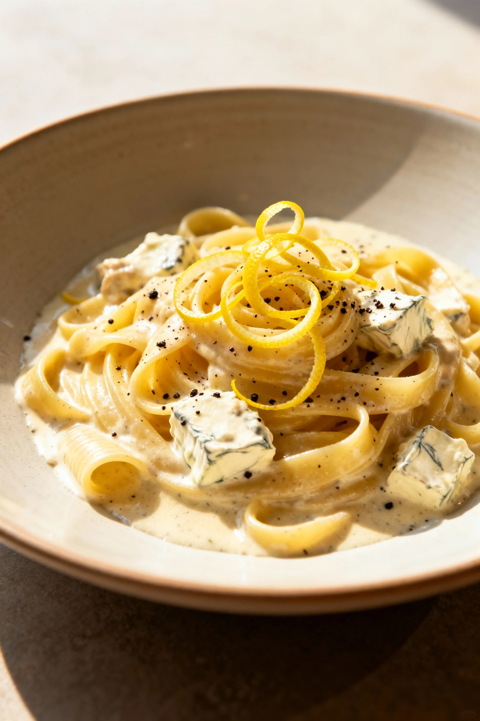 Beautifully plated pasta dish with creamy Boursin sauce, garnished with lemon zest curls and cracked black pepper, serve