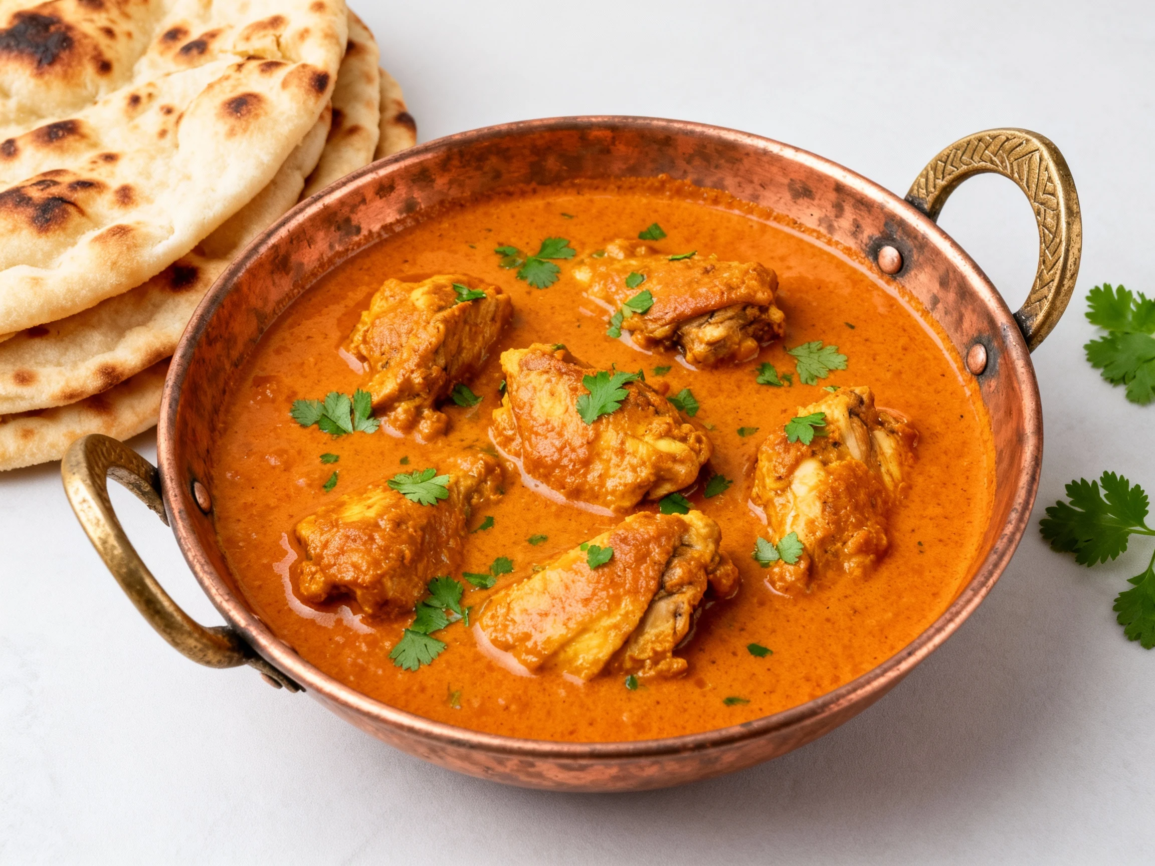 Food photography, Overhead shot of Indian-style chicken curry served in a rustic copper kadai, deep orange gravy dotted 