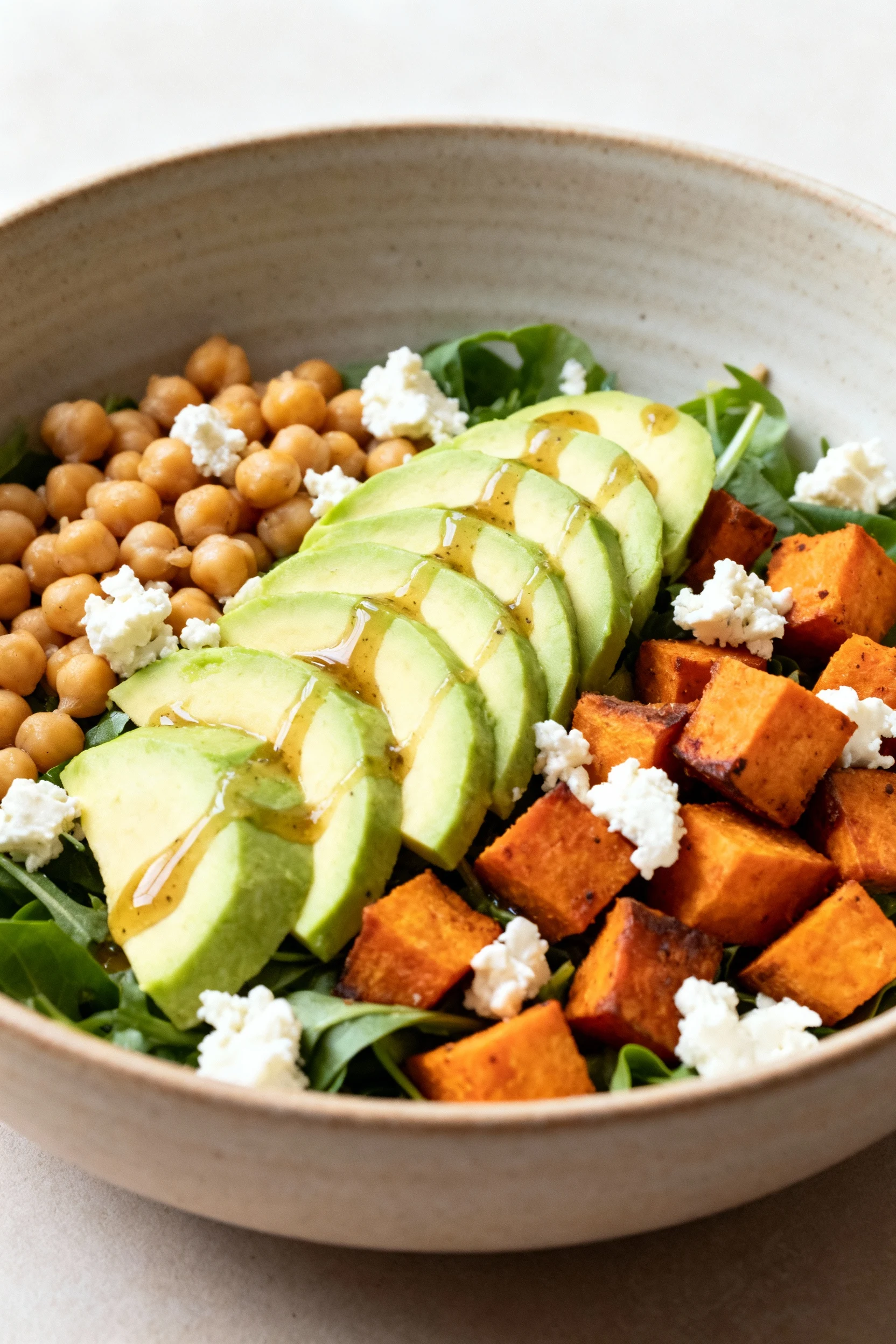 Beautifully plated protein-packed salad with chickpeas, creamy avocado, roasted sweet potato cubes, and goat cheese crum