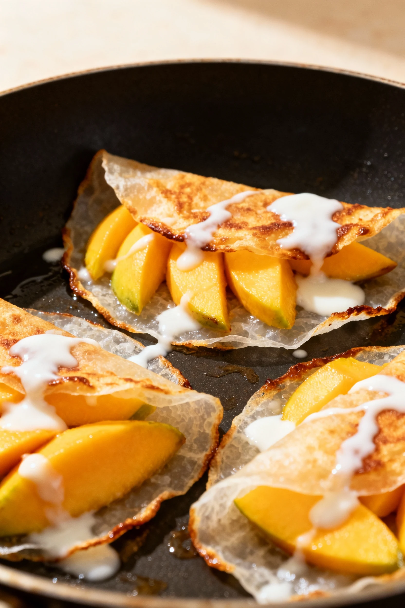 Process shot of sweet rice paper dessert wraps sizzling in a non-stick pan, filled with sliced mango and drizzled with c