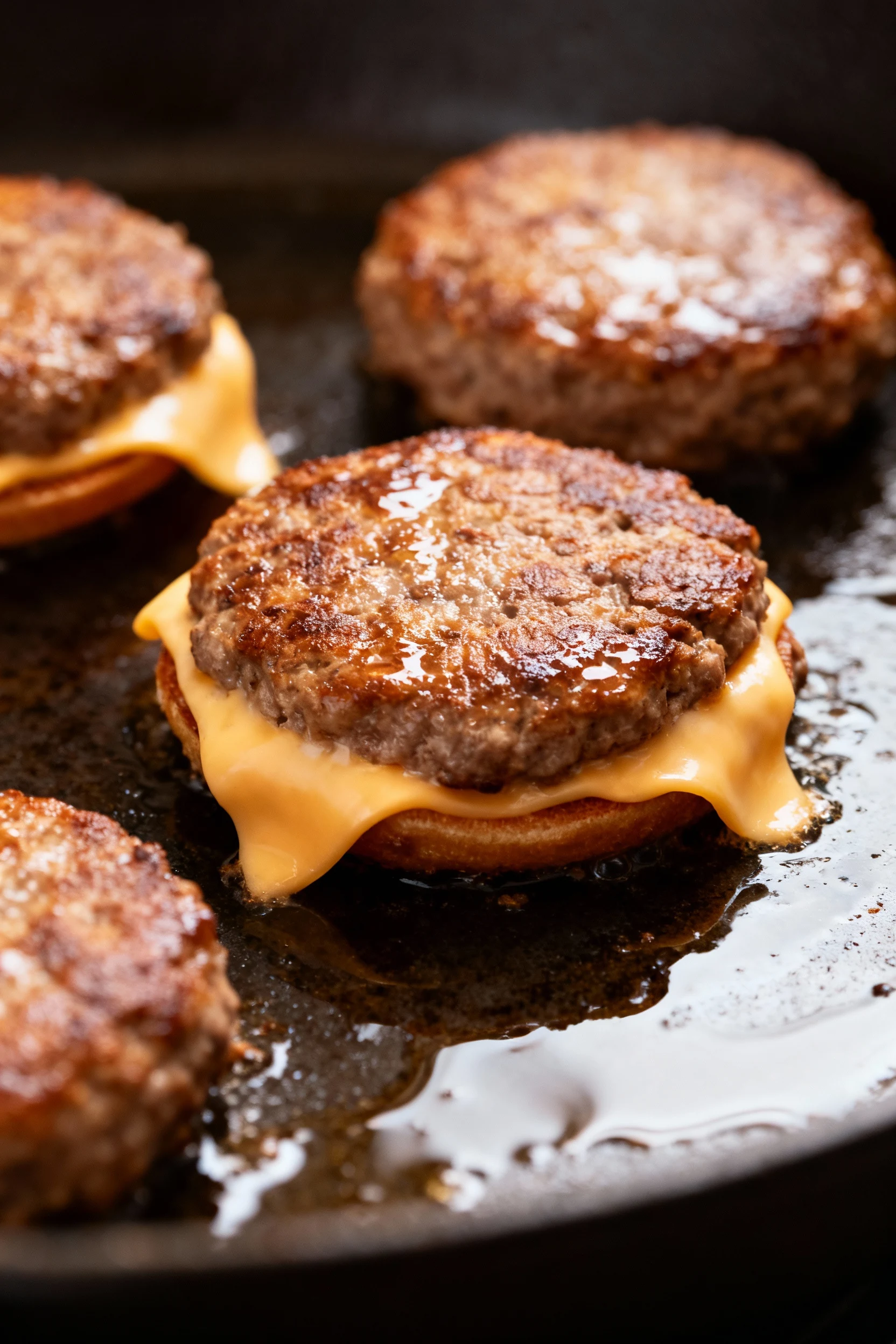 Cooking process shot of slider patties sizzling on a hot skillet, melted Swiss cheese beginning to drape over edges, cle