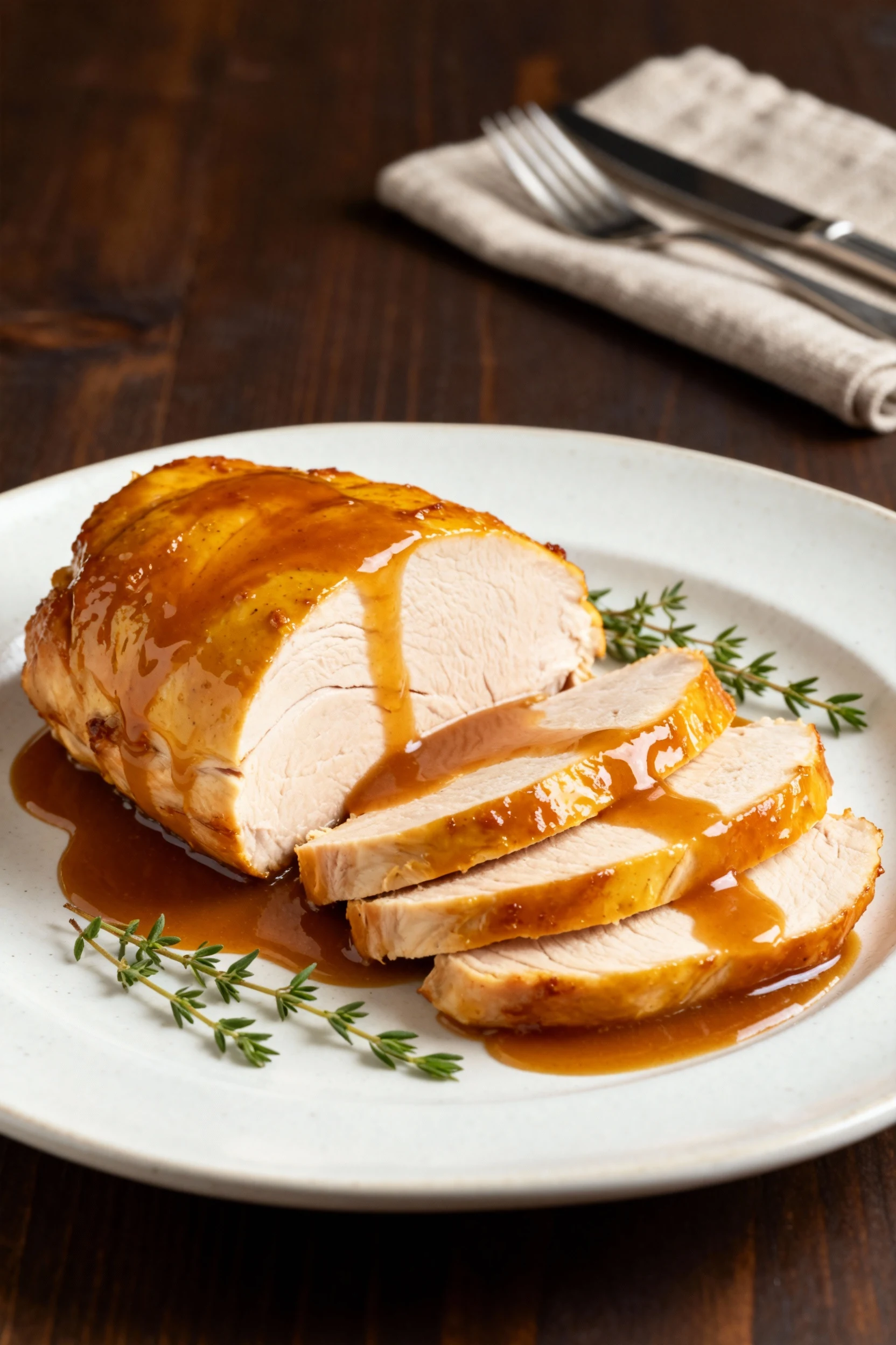 Beautifully plated honey mustard glazed turkey breast with glossy, amber coating, accompanied by a drizzle of gravy and 
