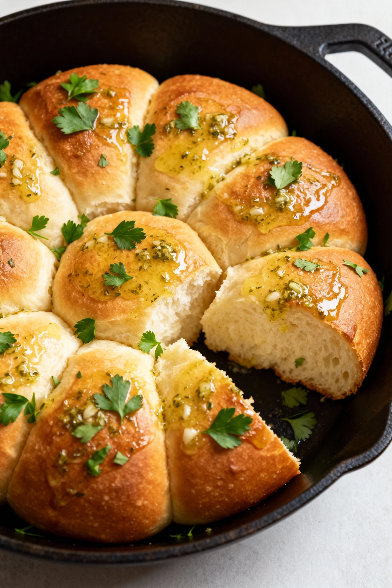 4. Top-down photograph of garlic pull-apart bread arranged in a cast iron skillet, brushed with glistening garlic butter