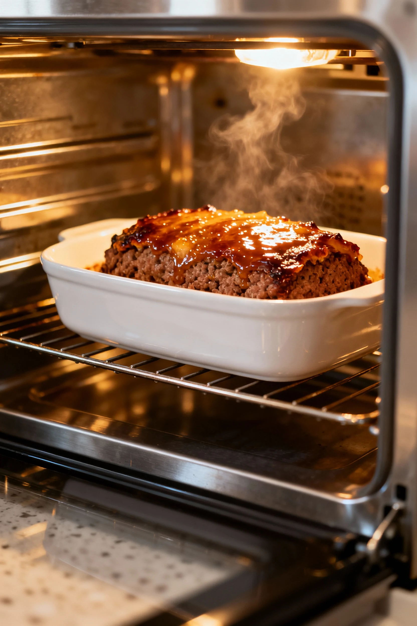 Mid-bake shot of meatloaf in the oven with oven light casting a warm glow, showing the glaze bubbling gently on top, cle