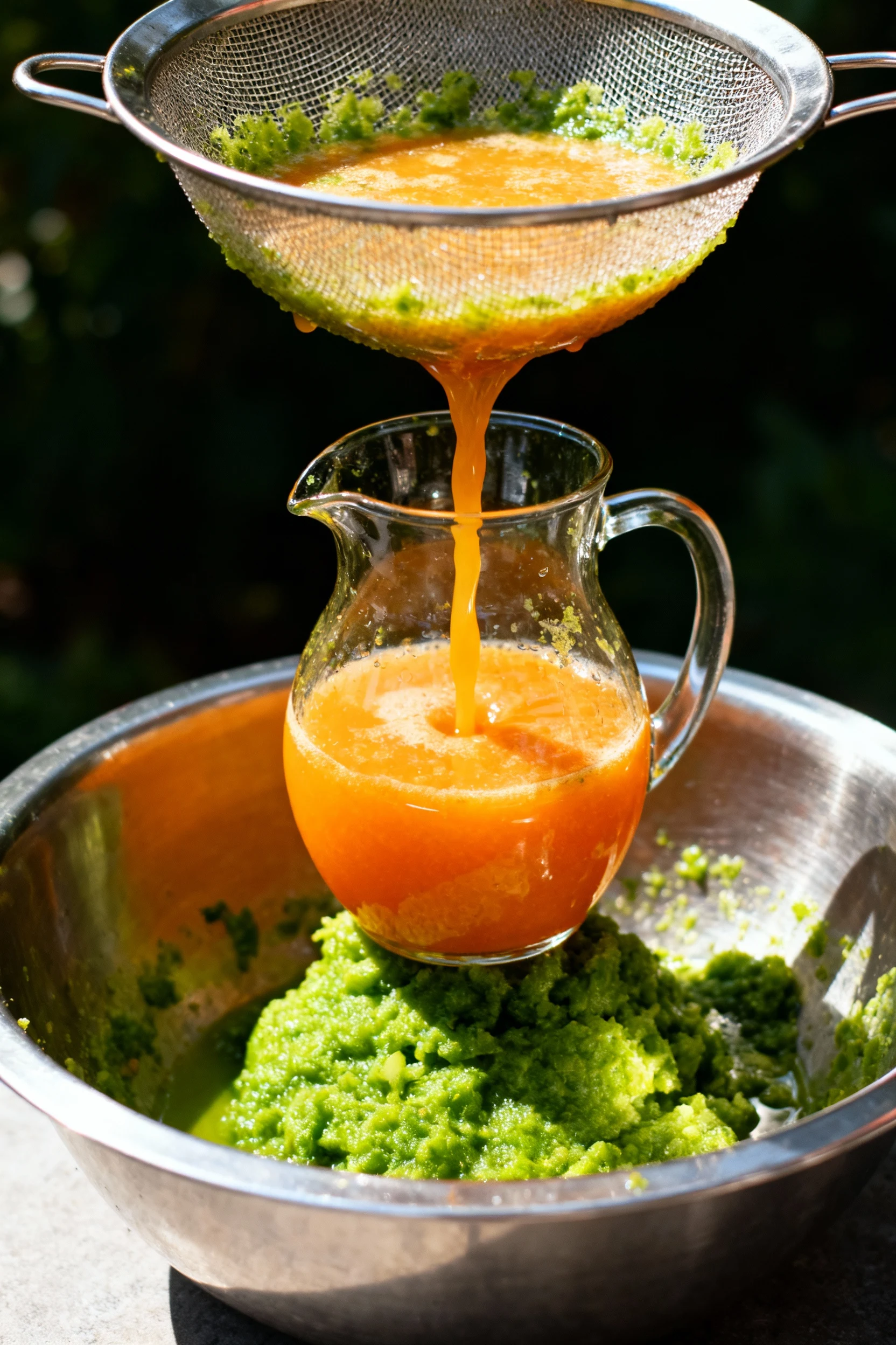 4. Process shot of blended juice being strained through a fine mesh sieve into a glass jug, rich green-orange tones drip
