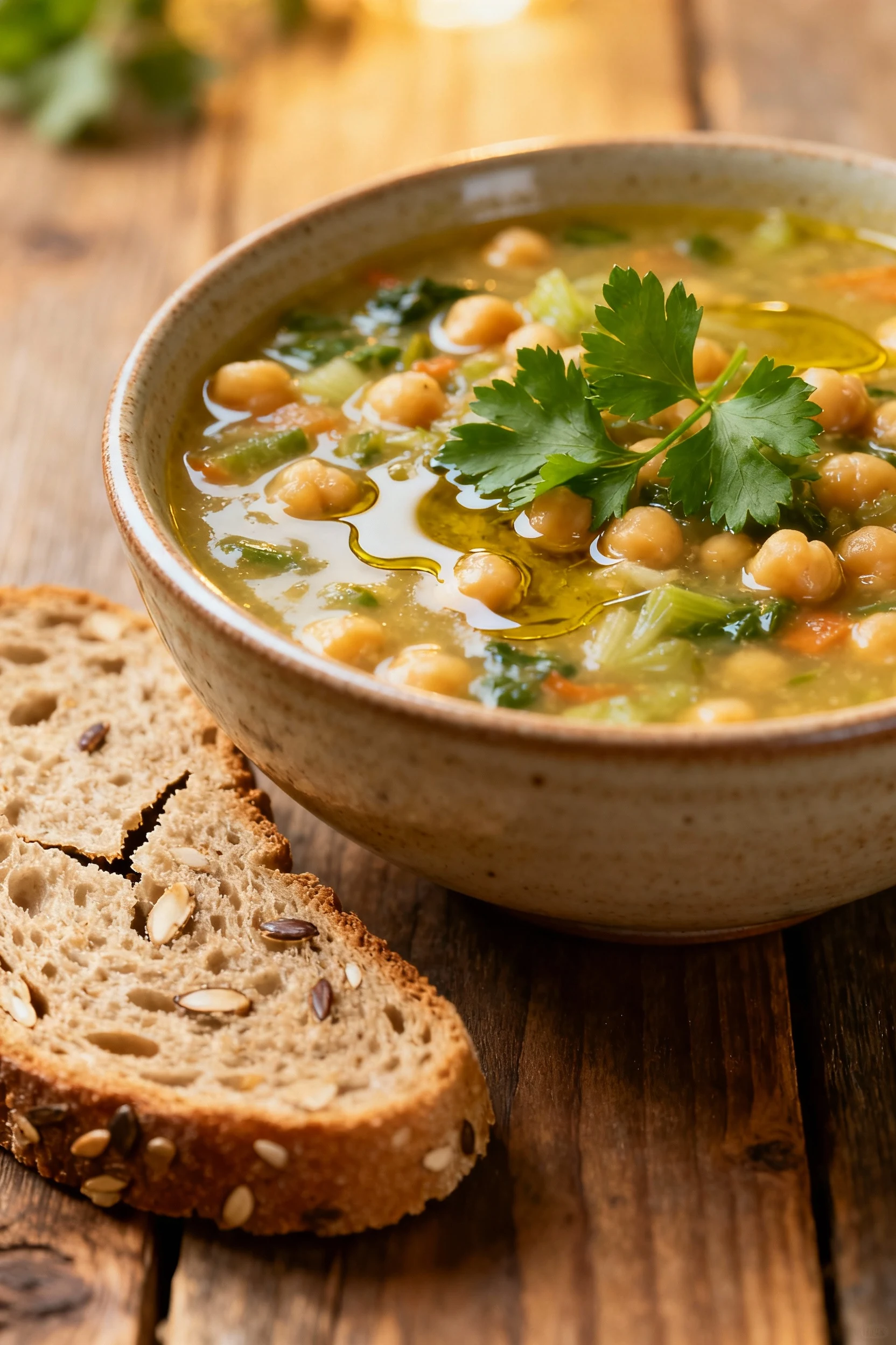 4. Beautifully plated bowl of healthy vegetable-chickpea soup garnished with fresh parsley, served in a ceramic bowl on 