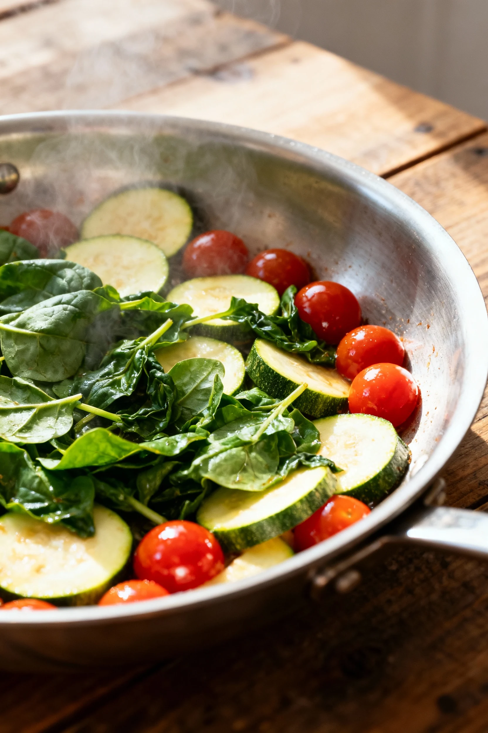 Mid-cooking process shot of spinach wilting into tender zucchini and cherry tomatoes, vivid color contrast, captured in 