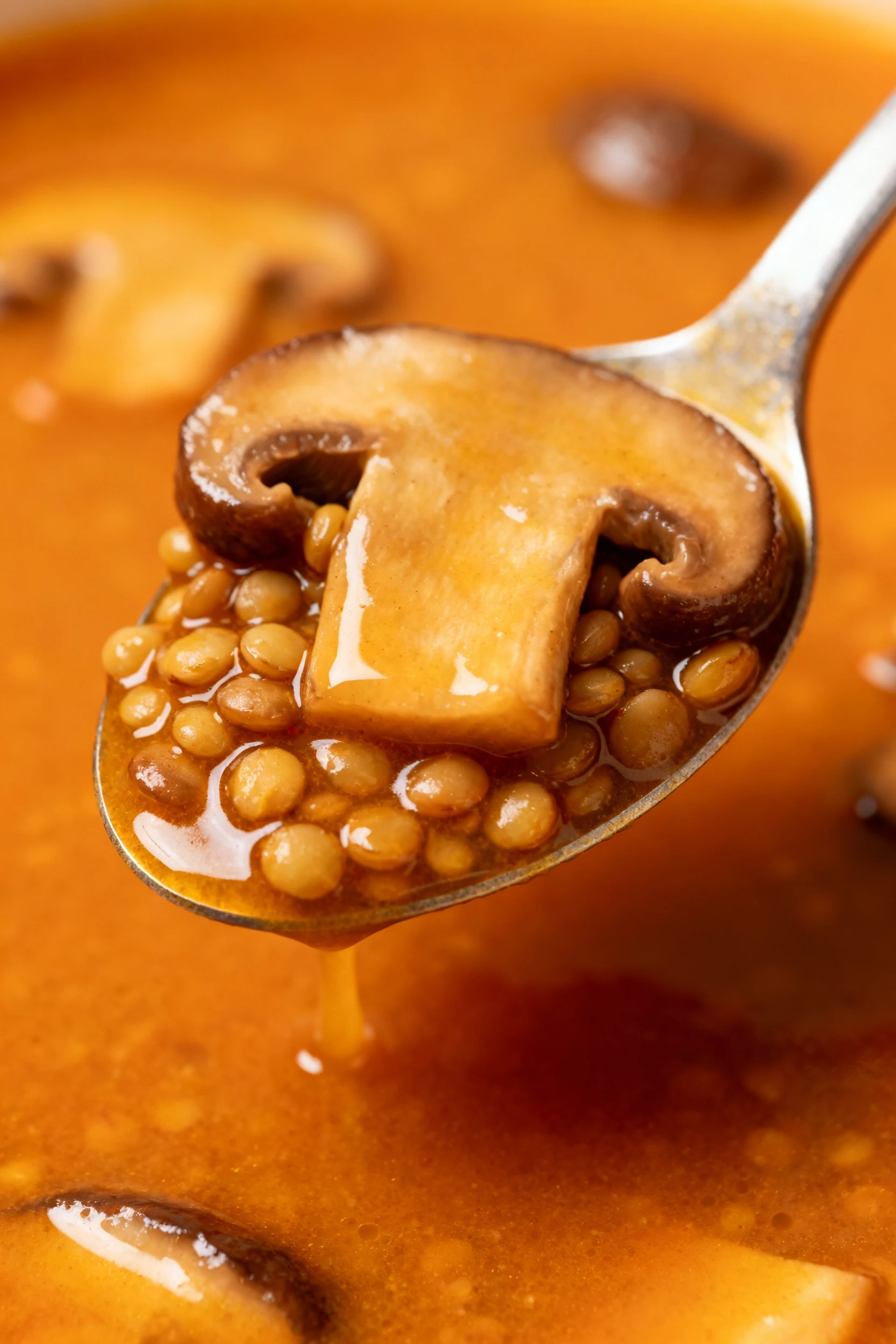 4. Close-up macro detail of the stew’s thick, glossy broth clinging to spoonful of tender mushrooms and lentils, vibrant