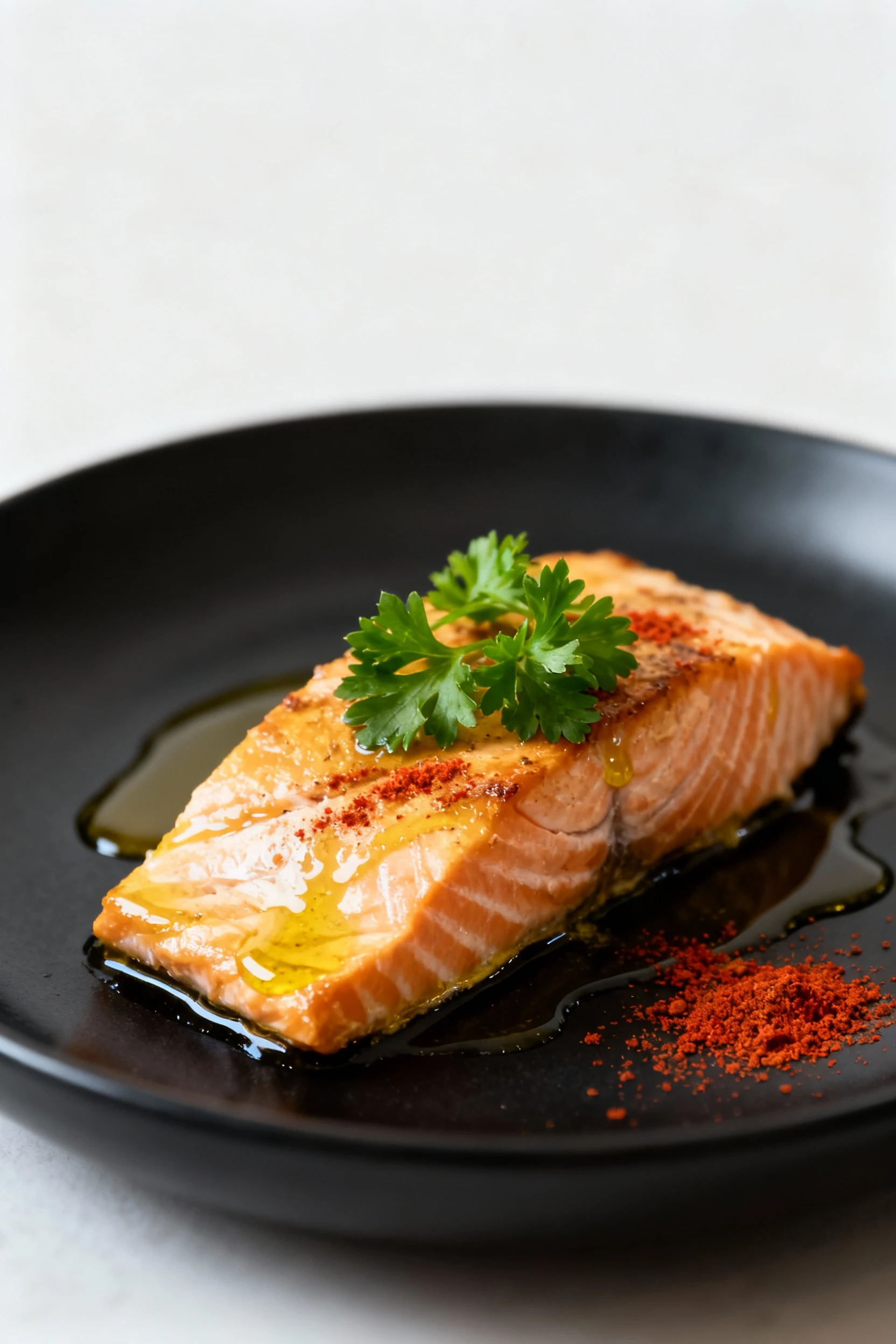 Elegant plated baked salmon on a matte black dish, drizzled lightly with olive oil and accented with bright green parsle