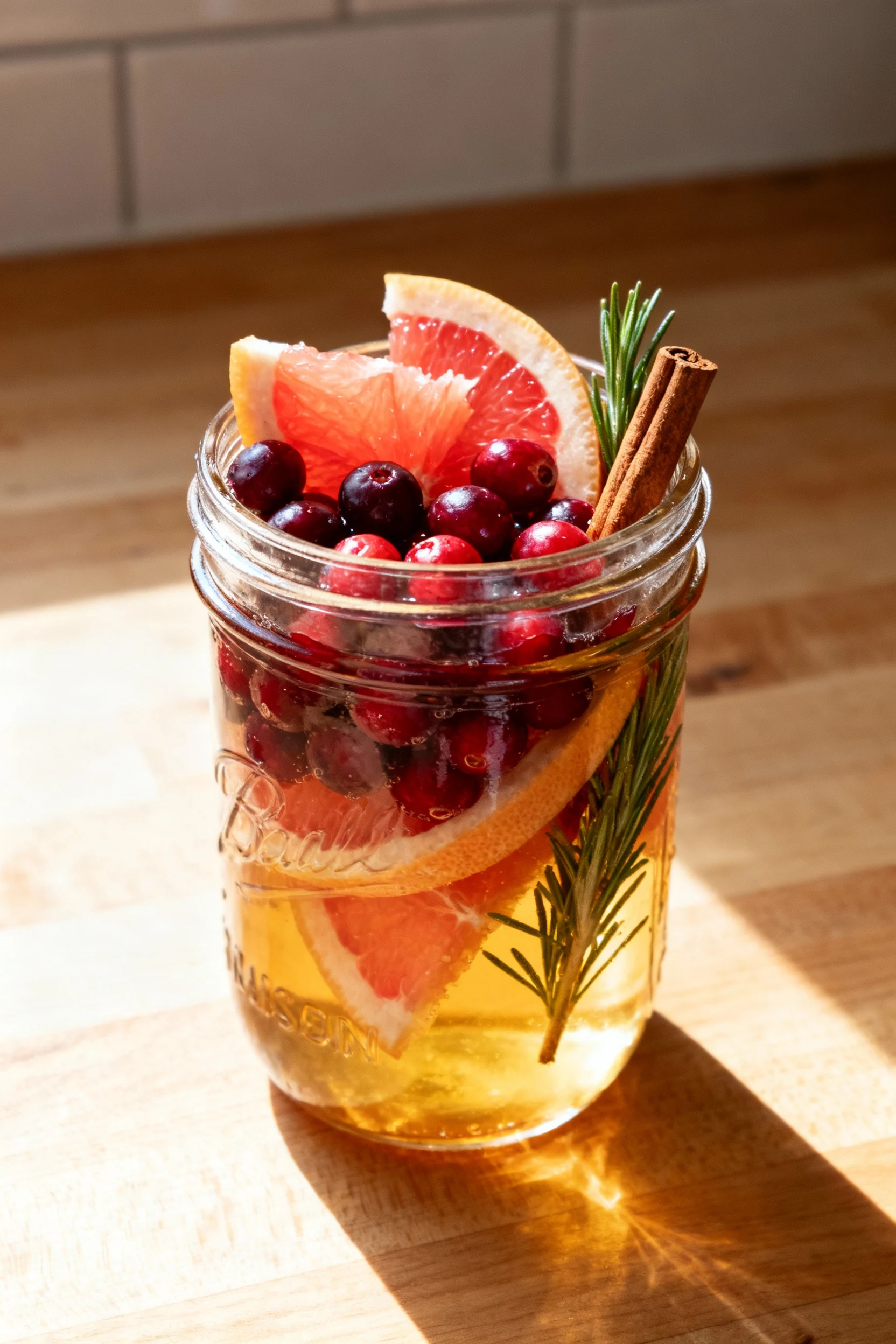 Final presentation image of a chilled, reusable simmer pot mix stored in a clear mason jar, layered with bright grapefru