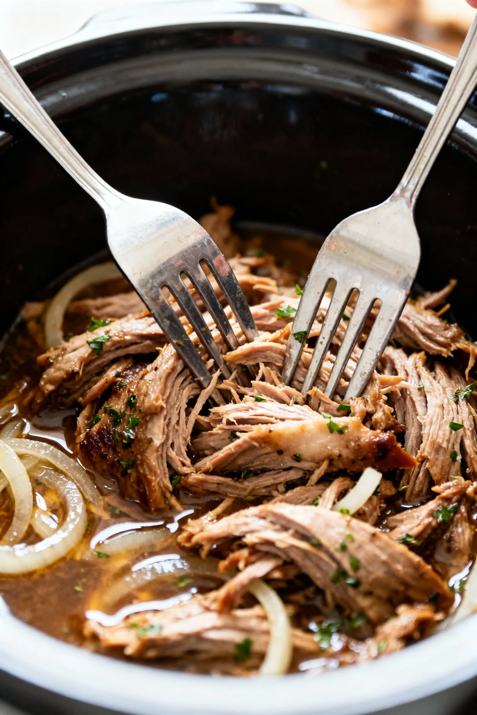 Cooking process: two forks shredding ultra-tender pork in the slow cooker, glistening juices and onion strands visible, 